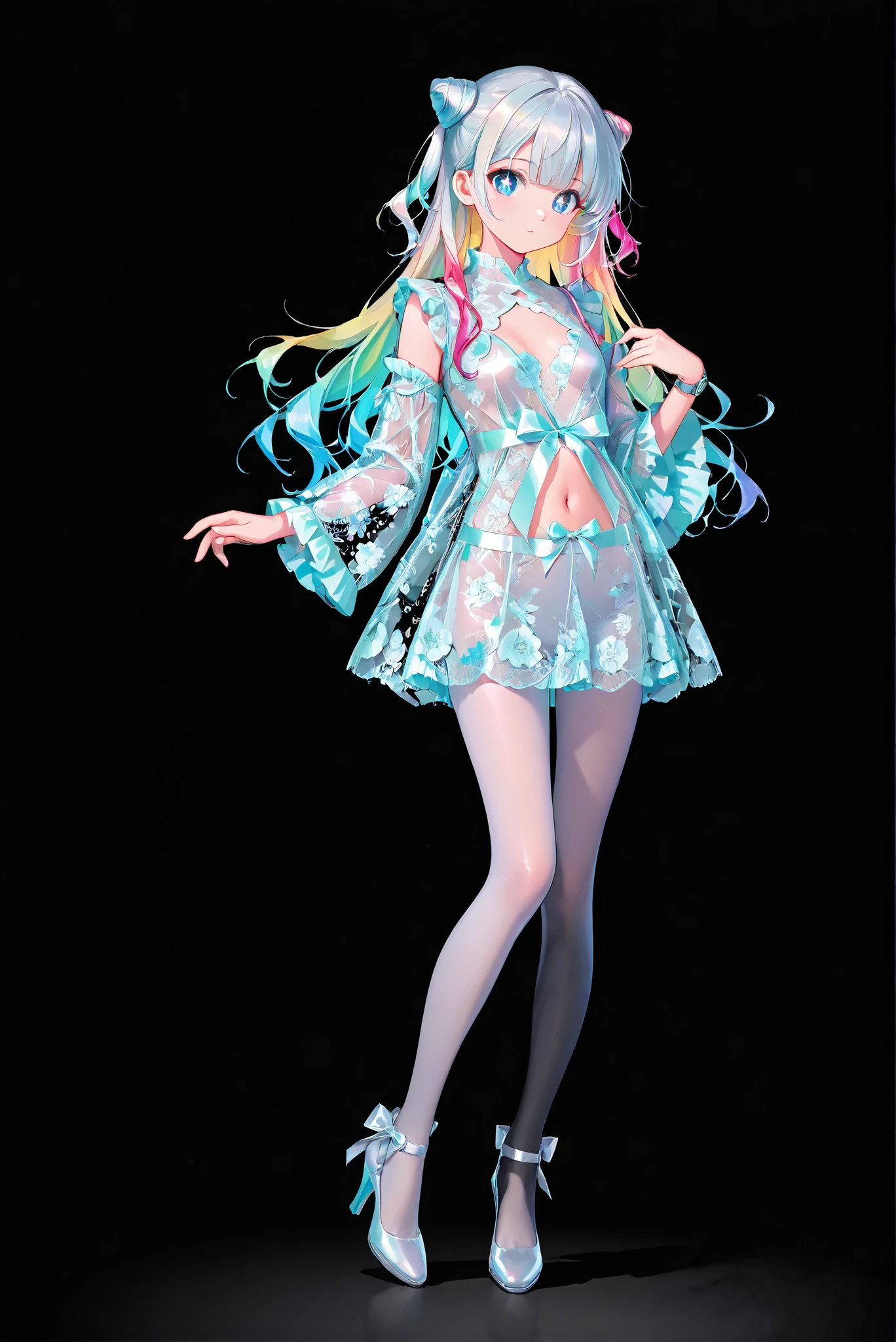 ,limited palette, Black Background ,Colorful, vivid colors ,Flashing silhouette ,neon,black light ,watch, Masterpiece, very beautiful ,floral mesh robe, long sleeves, see-through, satin bow belt
( stands,whole body, high heels:1.7),Ctianmus3, +_+, blue eyes,short dress, white pantyhose, detached sleeves, clothing cutout, navel, frilled sleeves,