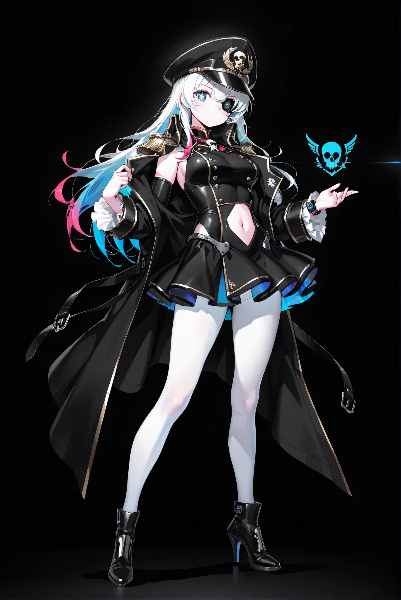 ,limited palette, Black Background ,Colorful, vivid colors ,Flashing silhouette ,neon,black light ,watch,  Masterpiece,  very beautiful ,edgCommissar，black headwear, scar, epaulettes, black coat ,wearing edgCommissar,artificial eye,skull emblem,millitary uniform, stands，whole body， high heels:1.7)，Ctianmus3, +_+,  blue eyes,short dress, white pantyhose, detached sleeves, clothing cutout, navel, frilled sleeves,