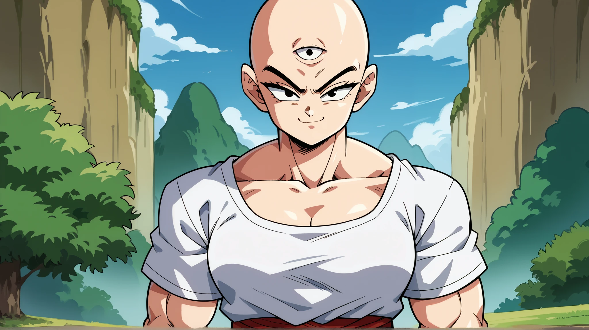 score_9, score_8_up, score_7_up,score_6_up, BREAK tien,1girl, solo, beautiful details, female focus, women's looking at viewer, bald, black eyes, muscular female, upper body, white t-shirt, third eye, red sash, green wristband, standing, smirk,mount paozu, blue sky, cloud, grass,thin 
 mountain, cliff, bush,green pants, closed mouth,short sleeves,arms at sides,      