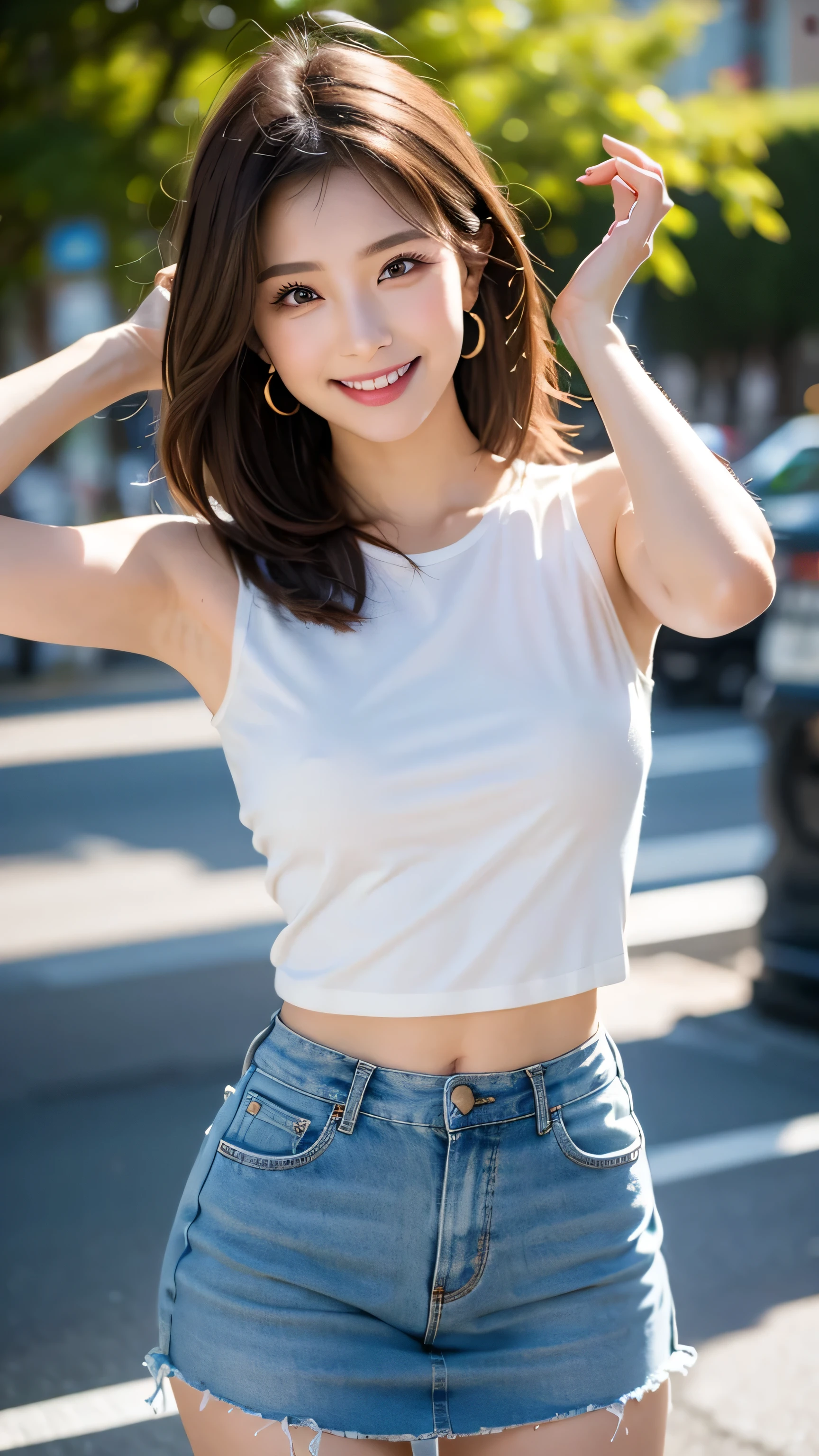 highest quality,8k, very detailed, in fine detail, high res, 8K wallpaper, perfect dynamic configuration, Detailed Eyes , beautiful eyes、 looking at camera、 perfect dynamic configuration, Big beautiful eyes, beautiful face,Fine hair, realistic skin texture in every detail , model body type、 slender body that wipes away underarm sweatー、A tight, slim waist、whole body, Well-balanced beautiful face , beautiful face, Realistic and beautiful skin Ultra high resolution, high quality , slender body that wipes away underarm sweatー、 slender body that wipes away underarm sweat、 thin body、 looking at camera、 super real、 very detailedな顔、White teeth、White teeth、 thin body、whole body image、 small bust、Small Mouth、whole body image、 slender body for a slim stomach、 small hips、Beautiful white teeth 、Beautiful white teeth 、 earrings、 beautiful brown hair 、Disheveled Hair、 sparkling eyes、 beautiful fingers for cows、 super real、 photography、REAL SKIN TEETH 、Beautiful Japanese woman with dark eyes 、 realistic pictures、 kind expression、silk shirt、 miniskirt