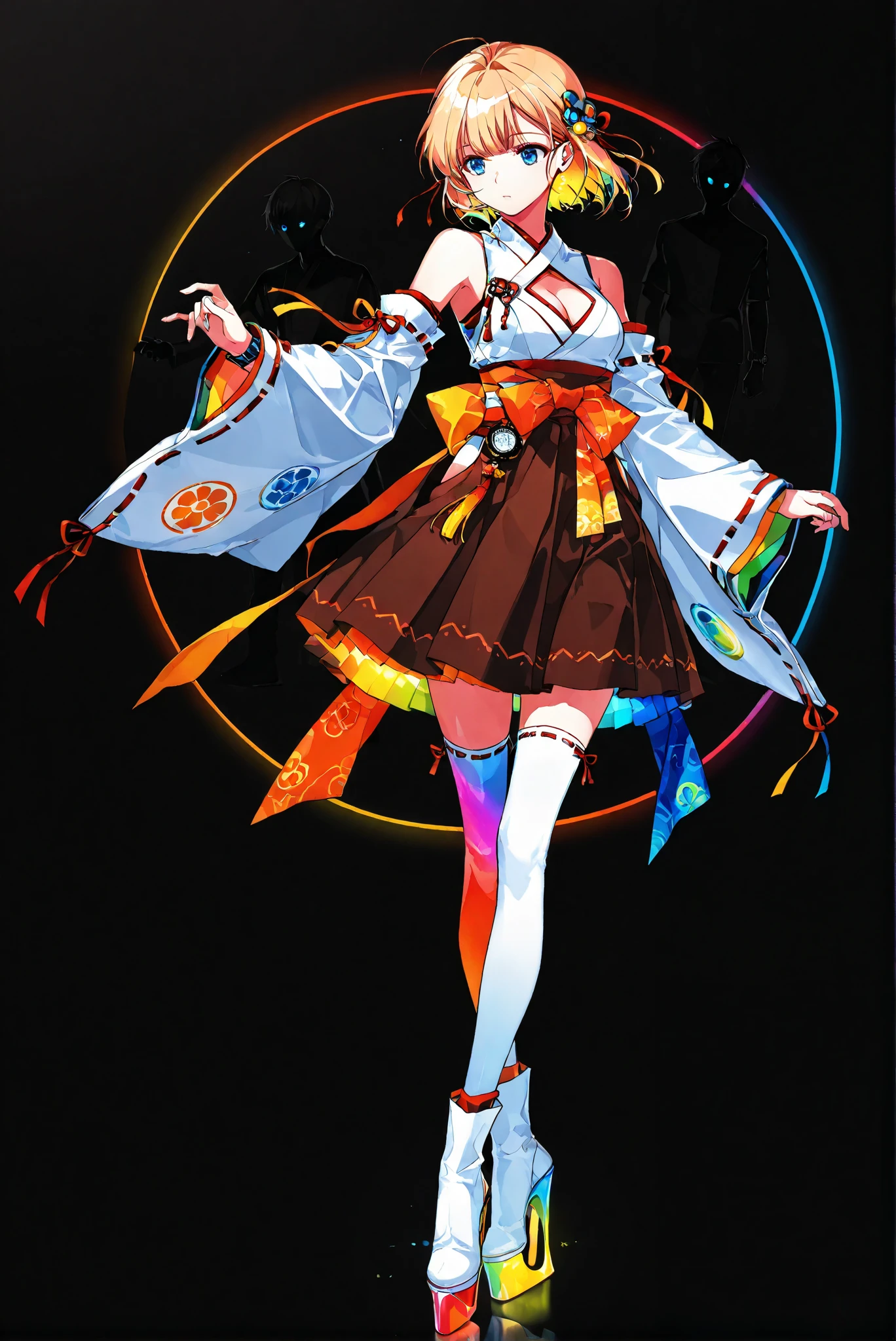 limited palette, Black Background ,Colorful, vivid colors ,Flashing silhouette ,neon,black light ,watch,  Masterpiece,  very beautiful ,（ stands，whole body:1.7)，ruanyi1040,bare shoulders,cleavage,clothing cutout,detached sleeves, miko,ribbon-trimmed legwear,wedgie,HoleHeels，Hole platform/ oval/ Circle Heels，Heels ，DNF-FGUN,blonde hair,short hair,bunbun, blue eyes,wide sleeves,japanese clothes,brown skirt,glowing belt,white boots,
