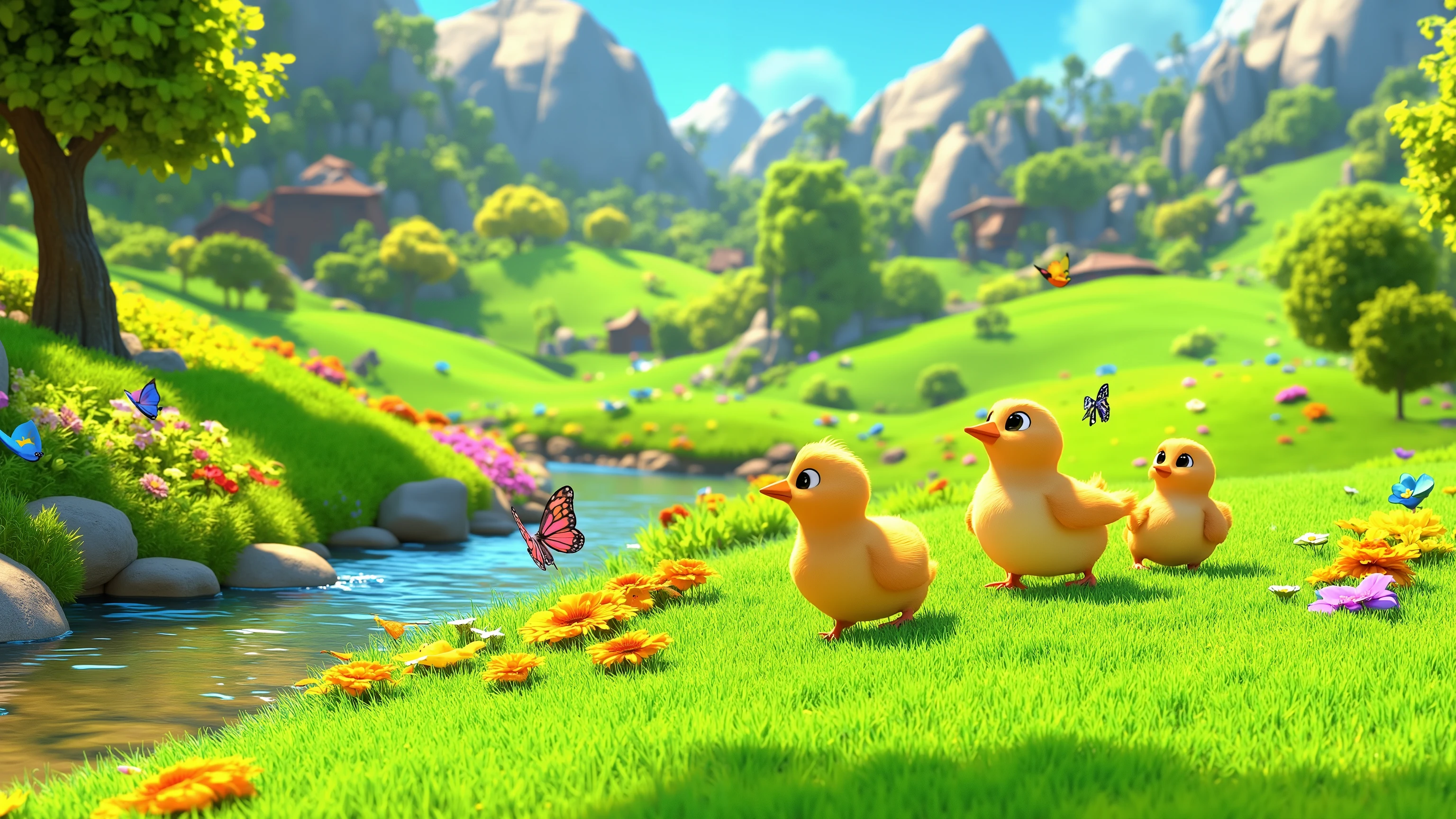 A 3D rendering of three chicks hopping over lush green hills, exploring a magical countryside. The rolling fields are covered in vibrant flowers, and a gentle stream sparkles under the golden sunlight. Butterflies flutter around, and tiny birds chirp from nearby trees, making the scene feel warm, cheerful, and full of energy