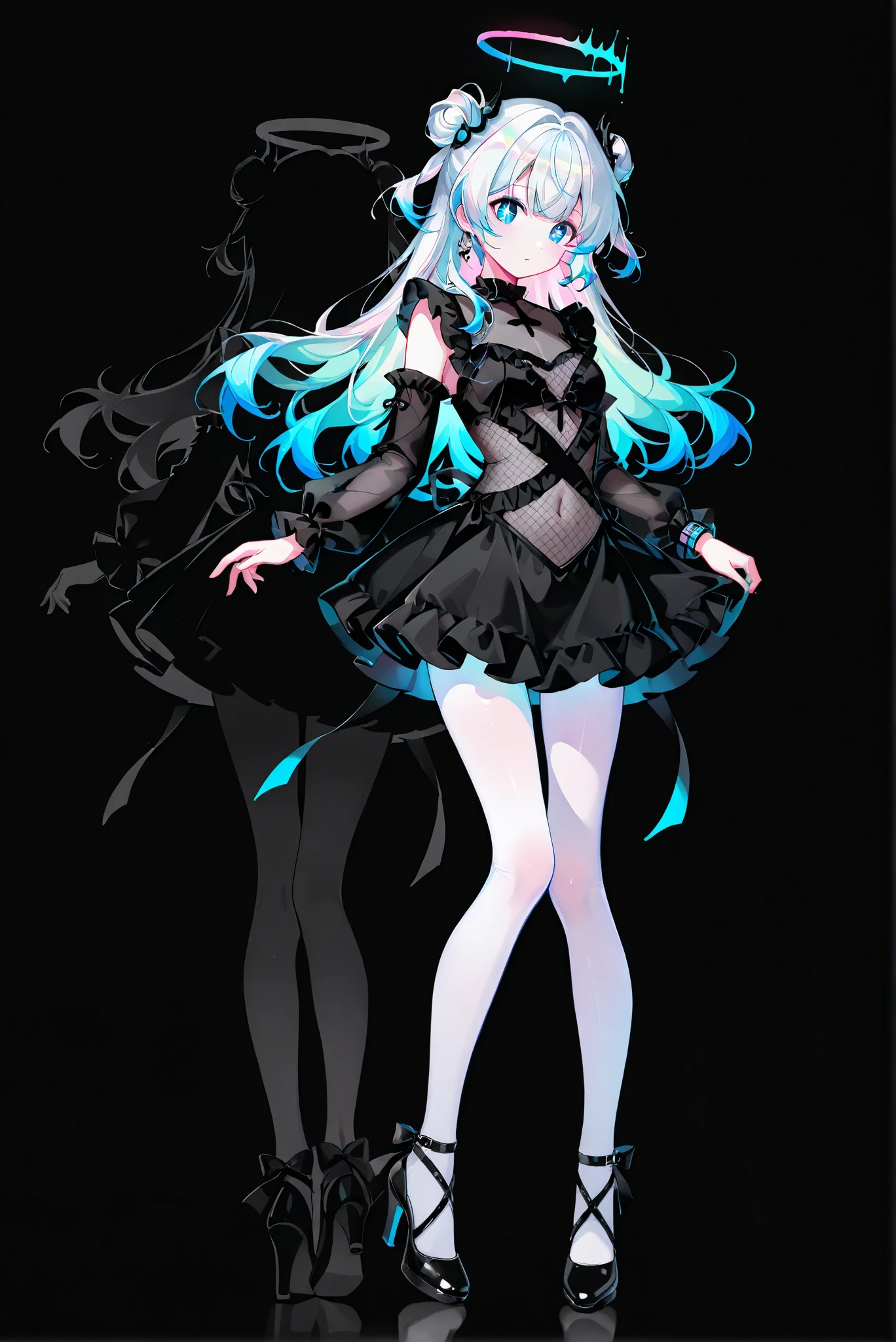 ,limited palette, Black Background ,Colorful, vivid colors ,Flashing silhouette ,neon,black light ,watch, Masterpiece, very beautiful ,ruanyi1038 ,black dress,fishnets dress,long sleeves,see-through,short dress,
( stands,whole body, high heels:1.7),Ctianmus3, +_+, blue eyes,short dress, white pantyhose, detached sleeves, clothing cutout, navel, frilled sleeves,