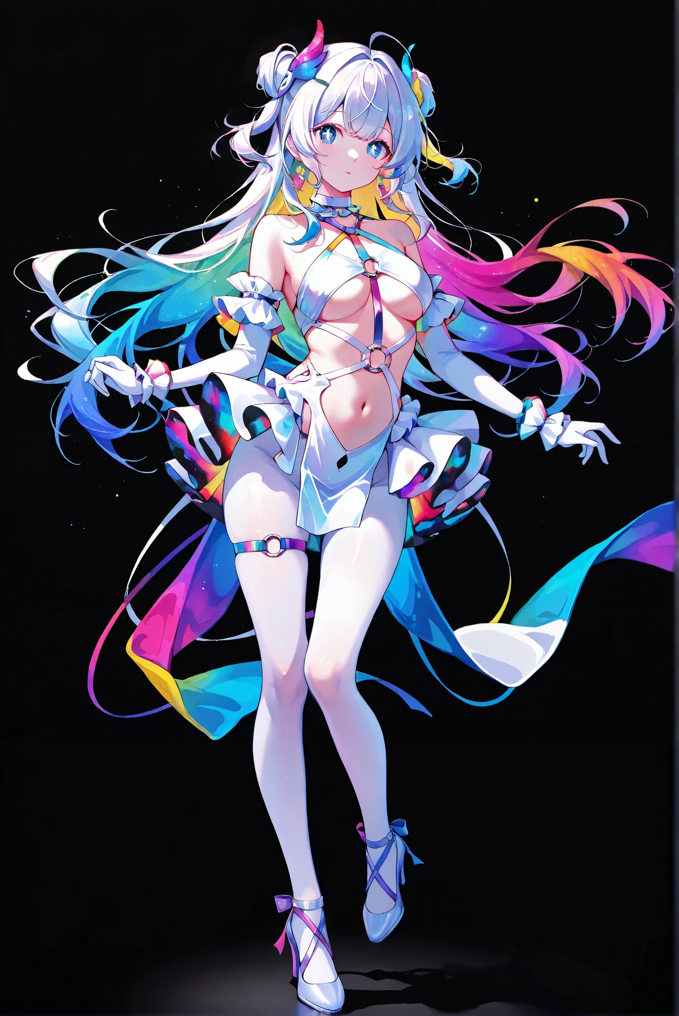 limited palette, Black Background ,Colorful, vivid colors ,Flashing silhouette ,neon,black light ,watch,  Masterpiece,  very beautiful ,ruanyi0657 ,dress,o-ring,revealing clothes,purple pelvic curtain,underboob,white gloves,jewelry,detached sleeves,halterneck,
, （ stands，whole body， high heels:1.7)，Ctianmus3, +_+,  blue eyes,short dress, white pantyhose, detached sleeves, clothing cutout, navel, frilled sleeves,
