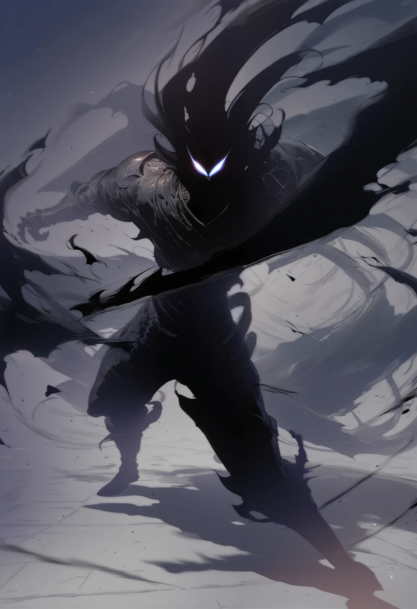 score_9, score_8_up, score_7_up, score_6_up, score_5_up, score_4_up, shadow person, male, black silhouette, action pose, knight, source_anime, Illustration, official artwork, anime style, wallpaper, official art