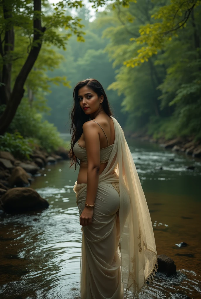 Beautiful young indian woman, wearing a saree, tattooed body, portrait, mountain forest background, river stream, very beautiful, traditional beauty, hindu aesthetic, detailed face, detailed body, oily skin, symmetric face, cute, belly pin, long bob hair, masterpiece, 8k, ultra realistic, detailed background, high resolution, god rays, ambient occlusion, ray tracing, ambient lighting, volumetric lighting, SSAO, lens flare
