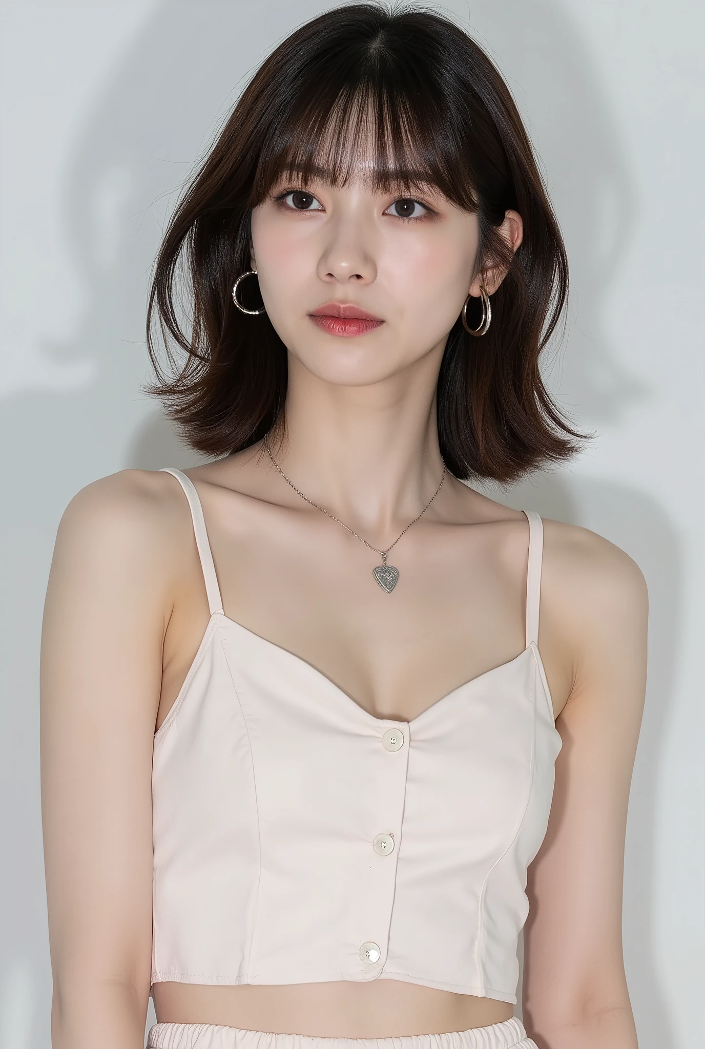 Create a portrait of a stunning K-Pop idol girl, focusing on a close-up from the shoulders up. She has a slender figure and a petite chest, with medium-length hair. The outfit should reflect a light and breezy spring fashion, suitable for a fashion magazine gravure shoot.