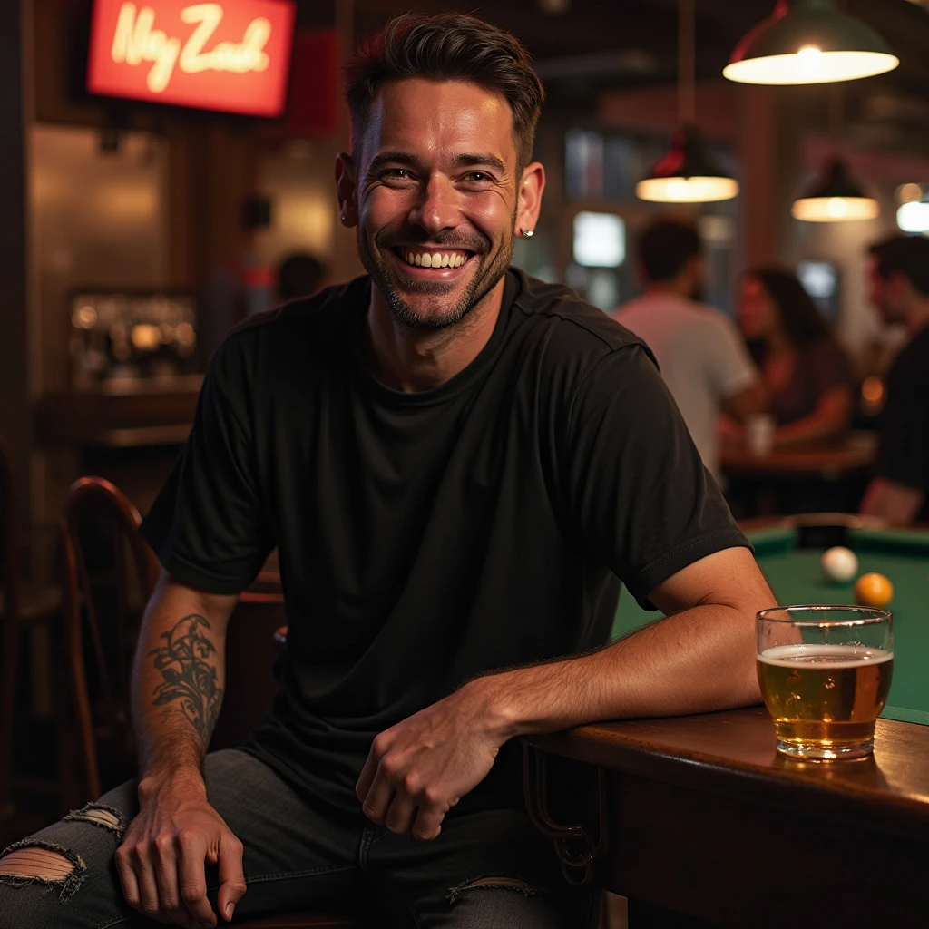 Handsome tattooed man,with curly hair, drinking wine while playing pool at home