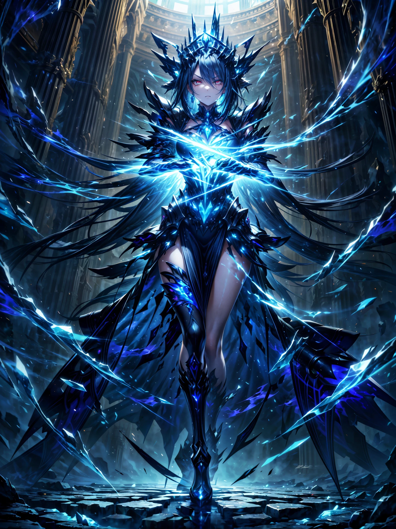 (((masterpiece, best quality, high detailed, 16k))) (1girl) A strikingly beautiful and imposing young woman with long, flowing sapphire blue hair that cascades down her back like a waterfall, and piercing, cold crimson eyes that burn with disdain. Her expression is one of utter contempt, as if she looks down on all who dare to approach. She wears a sleek, form-fitting black and silver armor, adorned with dark blue gemstones that glow faintly, reflecting her cold, untouchable aura. Her armor is intricately detailed, with sharp, angular designs resembling shattered glass, giving her a regal yet menacing presence. She stands in a dark, misty fortress, surrounded by towering spires of onyx, the air thick with an aura of power and superiority. In her hand, she wields a long, slender black blade with glowing red runes, the weapon itself pulsating with dark energy. ((full body front view)), (extremely detailed:1.5)