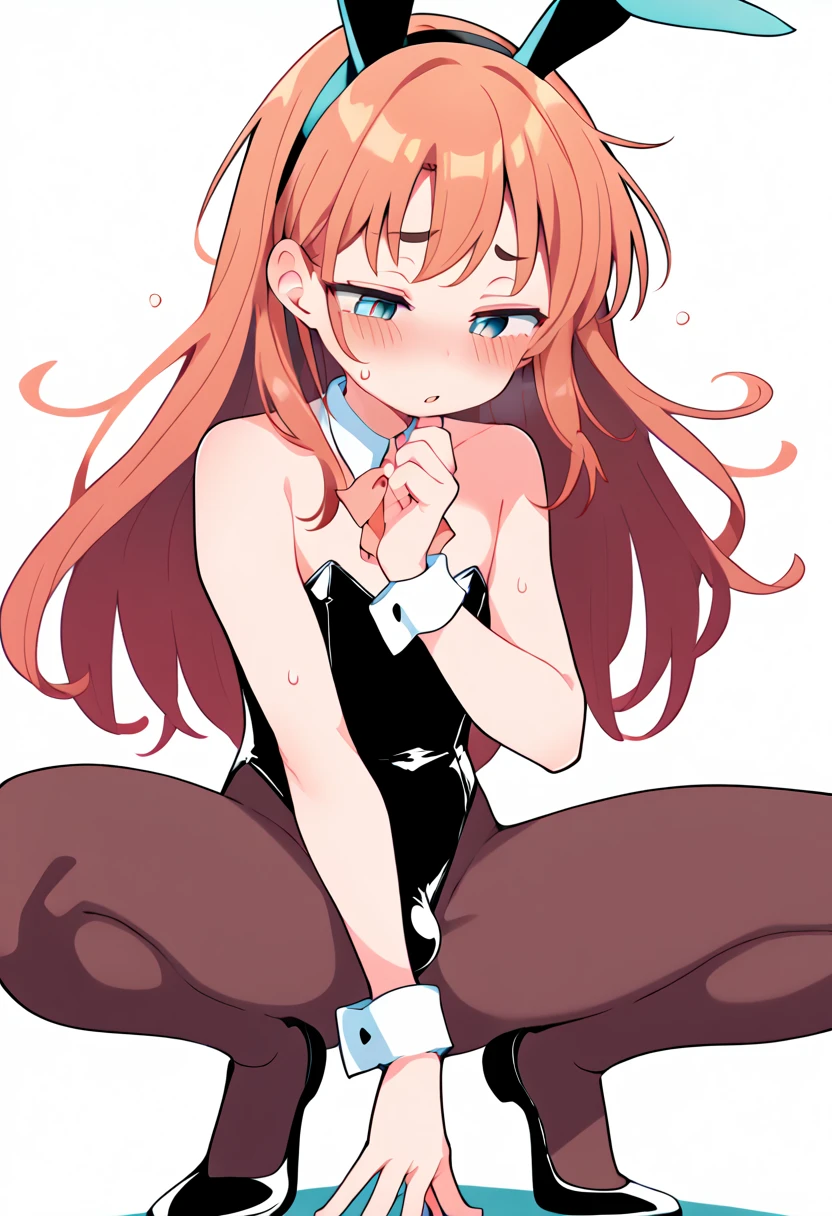 1 adult anime girl, adult face, glasses, bright colors, Rich colors, Studio light, perfect figure (90/60/90), revealing pose, naked breasts, nipples visible, Sexy tight bunny outfit, black tights, clothes tight to the body vagina, embarrassed face, random pose, nature background, Medium breasts, hands pressing breasts, breasts sticking out, perspective, top view