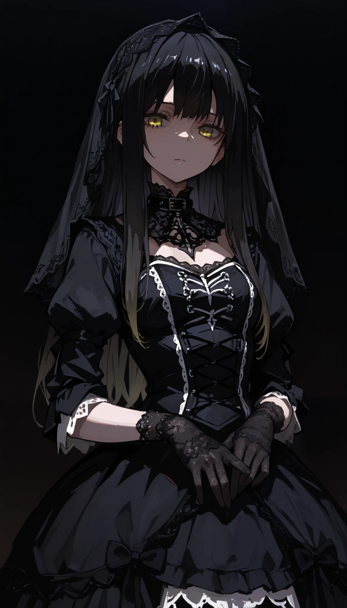 top quality , masterpiece, 748cm style , 1 girl, , viewers, , gradient hair, black hair, long hair, yellow eyes , gothic dress, black dress, gothic veil, lace gloves, bridal veil, shoulder, looking at viewer, dark background, perfect waist, standing, eyelevel shots