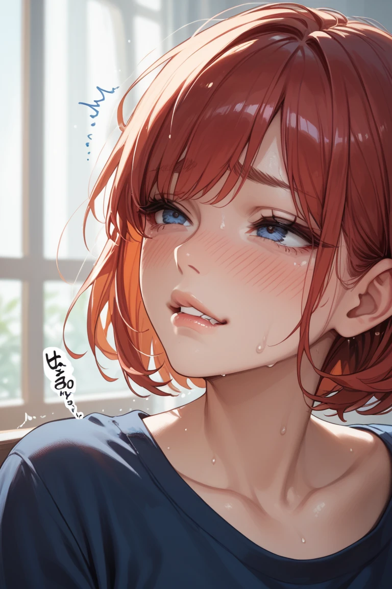 (Wet wetting of milk: 1.2) Portrait of redhead freckle teacher sitting on porch: white shirt with V-neck: 2], visible through white top T-shirt, slate atmosphere, cinematic, dim colors, dark shots, muted colors, film grainy, lut, insane details, complex details, ultra detail, close-up, dusk, ((nipple))
