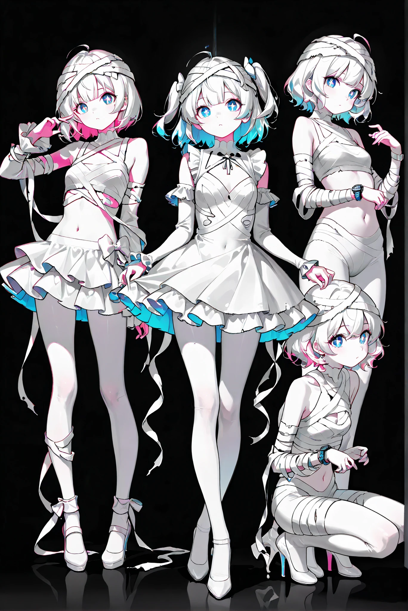 limited palette, Black Background ,Colorful, vivid colors ,Flashing silhouette ,neon,black light ,watch, Masterpiece, very beautiful ,,,(White Mummy Costume :1.3),
, ( stands,whole body, high heels:1.7),Ctianmus3, +_+, blue eyes,short dress, white pantyhose, detached sleeves, clothing cutout, navel, frilled sleeves,