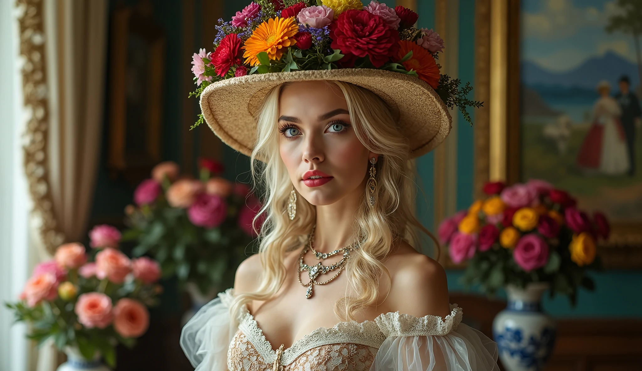 Blond woman in a white dress and a straw hat with flowers on it - SeaArt AI