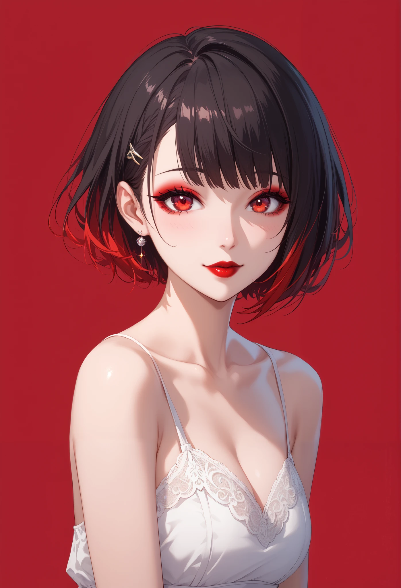 (best quality, masterpiece:1.2),simple illustration,portrait,1woman,baby face,black hair,short hair,midi dress,vivid colors,sharp focus,professional,studio lighting,beautiful detailed eyes,beautiful detailed lips,extremely detailed eyes and face,red eyes