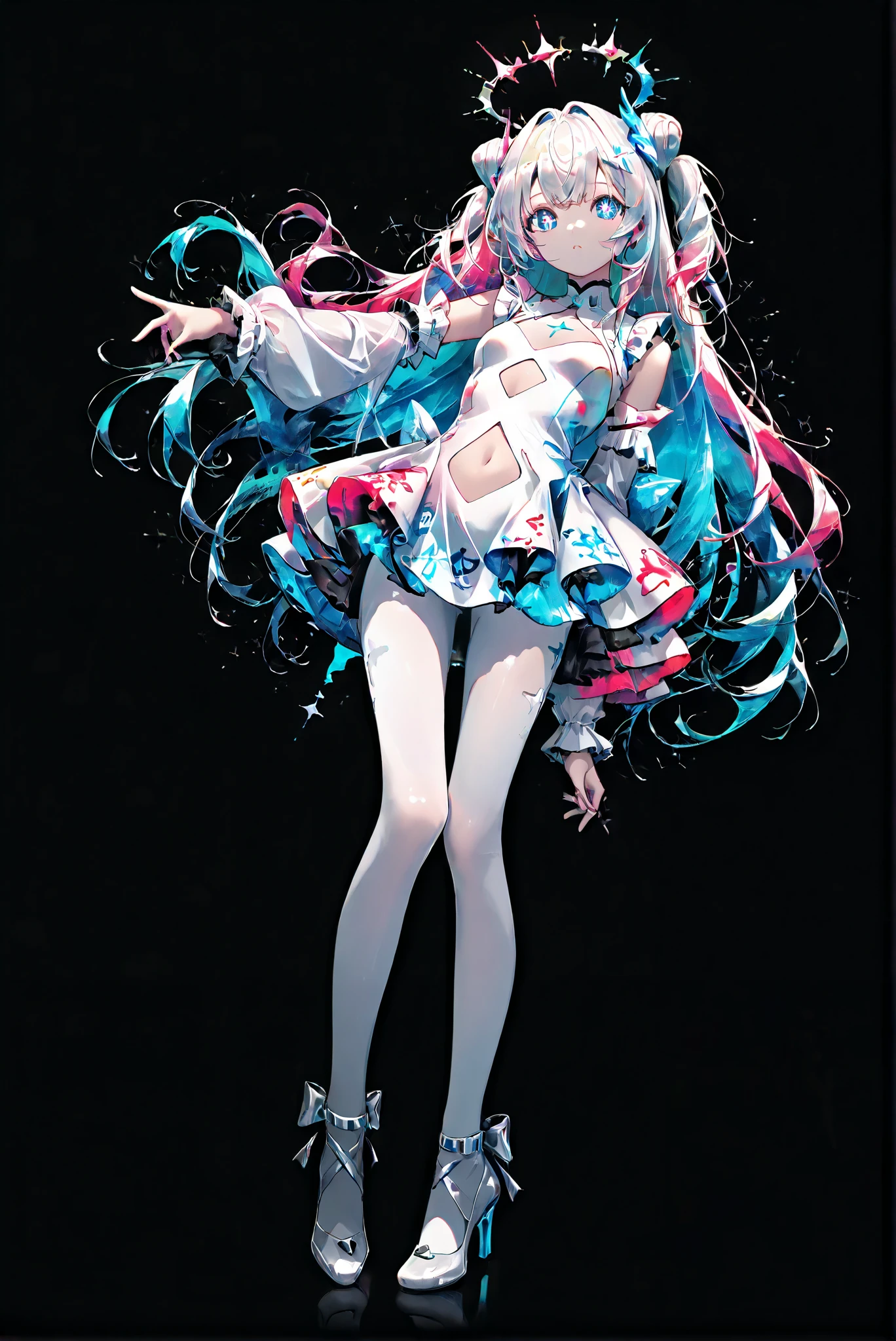 hanfu01
,limited palette, Black Background ,Colorful, vivid colors ,Flashing silhouette ,neon,black light ,watch, Masterpiece, very beautiful ,, ( stands,whole body, high heels:1.7),Ctianmus3, +_+, blue eyes,short dress, white pantyhose, detached sleeves, clothing cutout, navel, frilled sleeves,