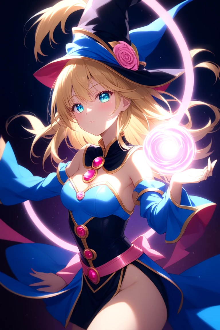 (masterpiece:1.2), (best quality:1.2), perfect lighting, Dark magician girl casting spell, floating in the air, big , neckline, magic background. Transparent heart in the air, blue robe, large hat, from above, sparkling, Yu-Gi-Oh cards in the background