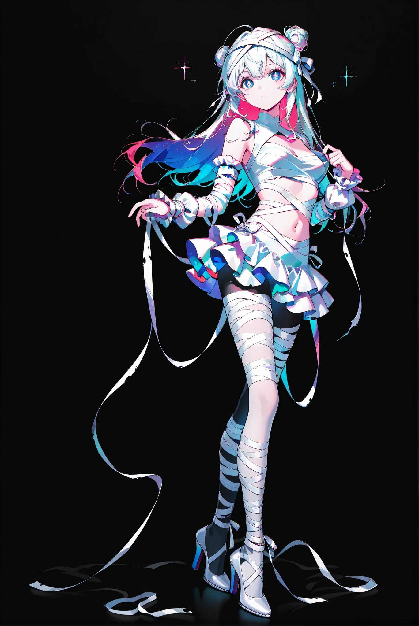 ,(mummy:1.3),(一個包裹whole body的繃帶 :1.3,),,limited palette, Black Background ,Colorful, vivid colors ,Flashing silhouette ,neon,black light ,watch, Masterpiece, very beautiful ,, ( stands,whole body, high heels:1.7),Ctianmus3, +_+, blue eyes,short dress, white pantyhose, detached sleeves, clothing cutout, navel, frilled sleeves,