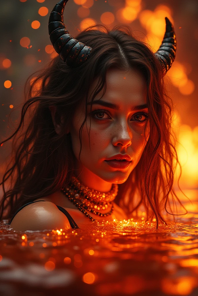 (best quality,absurdres), realistic, 8k, ultra-detailed, full body portrait, female lava demon, demonic beautiful woman face, beautiful demon eyes, little horns, dangerous look, fiery long hair, part of the hair blown by the wind scatters fiery sparks, part of the hair floats on the surface of the lava, immersed in lava, swimming in lava, only head and neck visible, body immersed in hot lava fire element