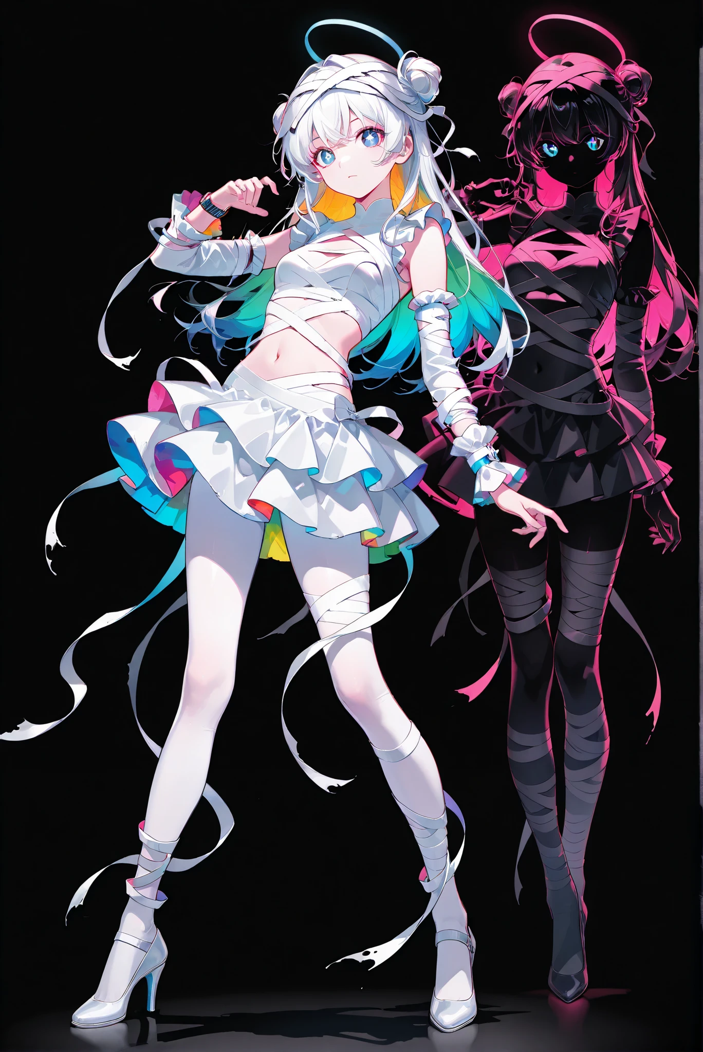 ,(mummy:1.3),(一個包裹whole body的繃帶 :1.3,),,limited palette, Black Background ,Colorful, vivid colors ,Flashing silhouette ,neon,black light ,watch,  Masterpiece,  very beautiful ,, （ stands，whole body， high heels:1.7)，Ctianmus3, +_+,  blue eyes,short dress, white pantyhose, detached sleeves, clothing cutout, navel, frilled sleeves,