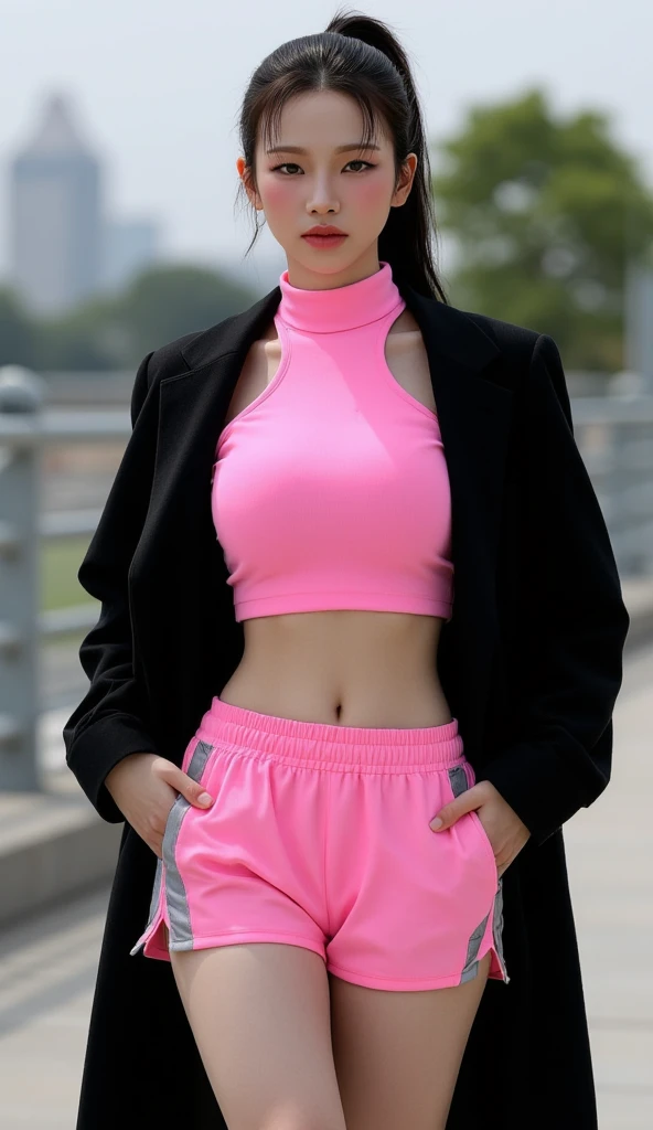 girl，Green Fishnet Zip-Up Vest，White pants