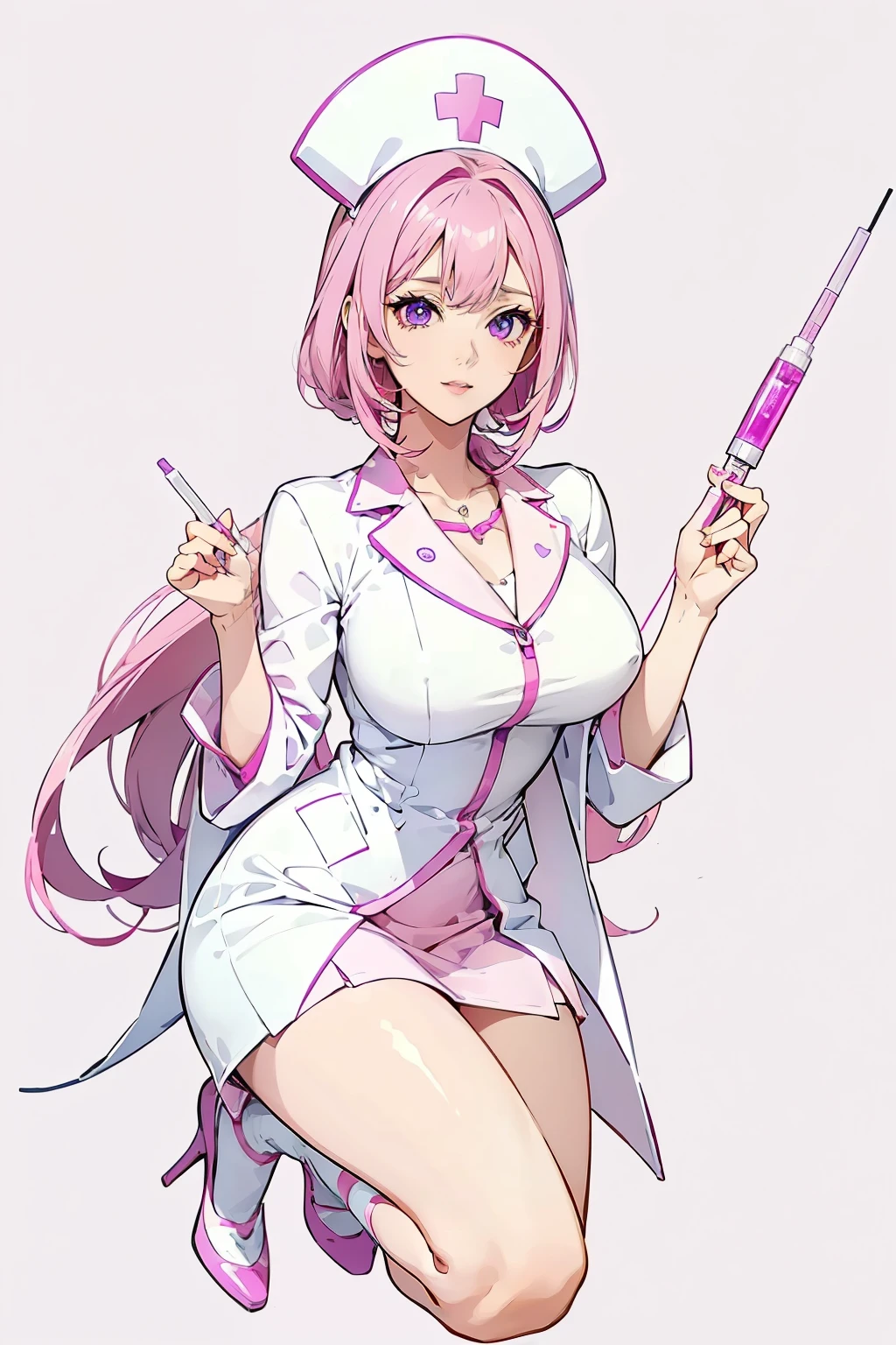 A cute pink nurse with purple eyes holding an electric syringe, in the style of anime, kawaii, pink background, pink and white uniform, cartoon elements, colorful, K-pop art, cyberpunk, kawaii elements, anime drawing, full-body portrait, high resolution, high detail, high quality. 
