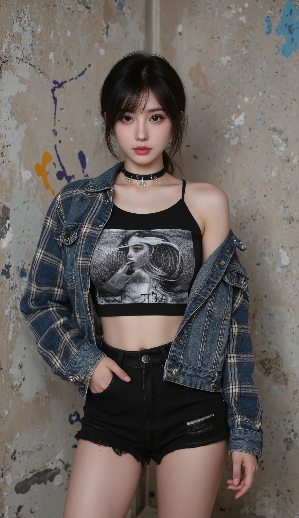 girl with bangs where you can see a little of her forehead with acne spots and some pimples on her forehead, Brown hair, somewhat wavy to the waist, white test, medium build, of short stature, thick lips a little dry, light brown eyes, He wears a silver ring on his right ring finger, wide leg jeans and short black skeleton blouse