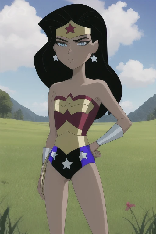 masterpiece, best quality, 1girl, wonderwoman, black hair, long hair, blue eyes, dark skin, bare shoulders, earrings, flat chest, jewelry, leotard, boots, solo, superhero, tiara, standing, contrapposto, grass, blue sky, meadow background, (((clothed titjob, cum on cleavage)))