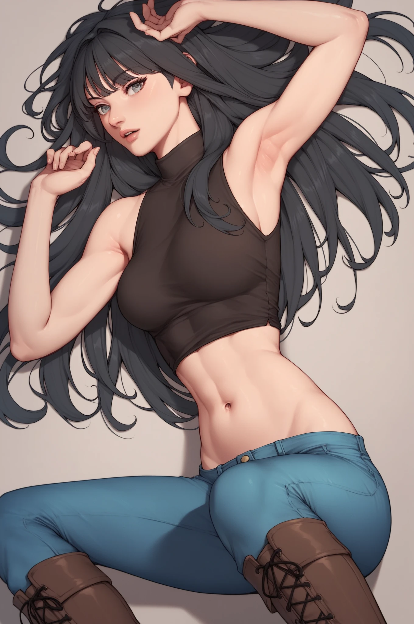Leila, Bright eyes, blue hair, whole body, Gray background, standing straight, in white leggings and crop top
