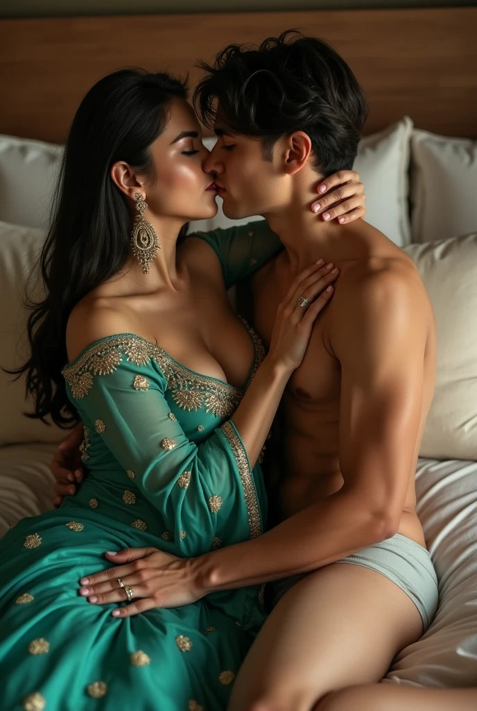 ultra realistic, 4k, UHD, cinematic photo, indian wife and young man having an erotic romantic sex, in the morning, at home, man behind woman, woman wearing blue sari, sari falls off shoulder, nude boobs and nipple seen, man hugging from behind, man's finger on her nipple, nsfw, detailed home