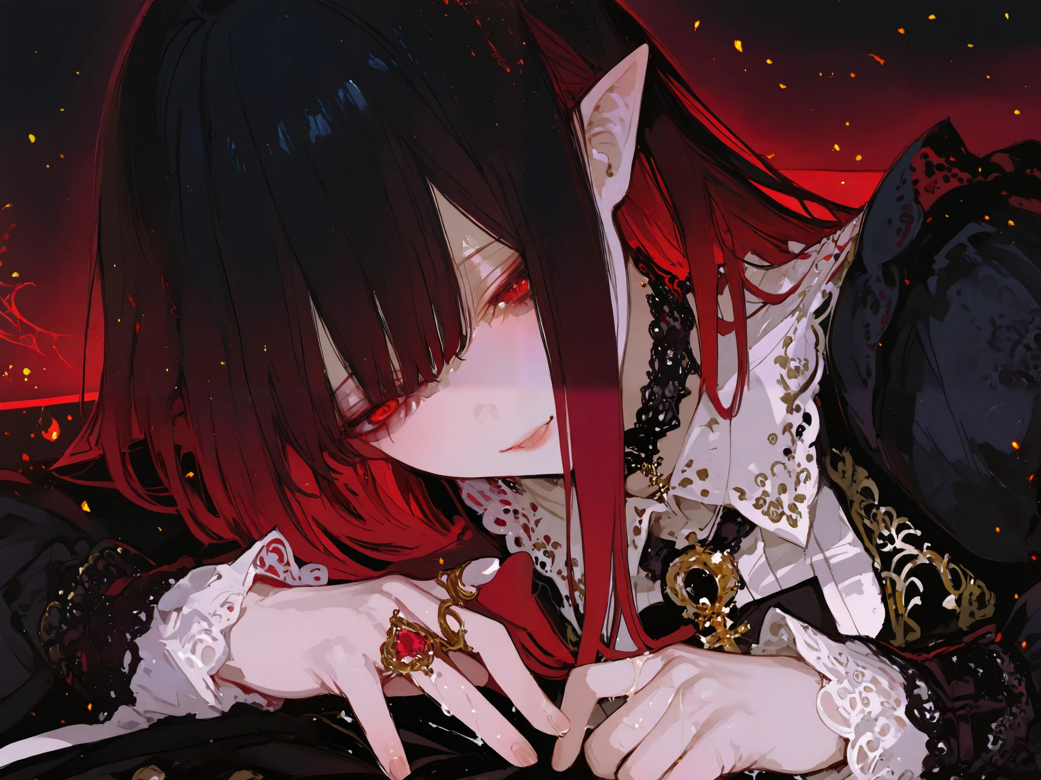 General,SakimiStyle,xxx667_illu,748cmstyle,dark gothic, The figure is seated, but the pose is unnatural—poised yet unsettling,pointed elven ears, relaxed yet tense. The folds of the gothic dress cascade like heavy ink strokes, deep blacks absorbing the dim light, pooling at the edges of perception. Lace cuffs drape over motionless fingers, hands delicately positioned as if caught mid-gesture, the suggestion of movement that never completes. The cyan hair flows, cascading in long, fluid strands that seem to defy gravity, each strand sharply defined, a Klimt-like embellishment of shimmering light woven into the darkness. It frames a face too perfect, too still—smooth skin untouched by shadow, an unnatural softness that refuses to reflect time. The eyes are luminous, red like embers smoldering beneath the surface, their intensity exaggerated in Caravaggio-like chiaroscuro. They do not simply look; they consume, dragging the composition inward, forcing attention where it does not want to go. The expression is unreadable, lips slightly parted, as if on the edge of speaking or smiling, but never deciding. The lace choker clasps the throat too tightly, its ruby pendant glinting, pulsing, whispering something in the absence of sound. Gold embroidery on the bodice catches the light in irregular patterns, twisting and shifting, forming symbols that are seen but not understood. The details are exquisite, but there is something wrong with them—flaws in symmetry, patterns that do not repeat, a suggestion of intelligence in the inanimate. A breath should follow, a shift in weight, a blink—yet nothing comes. Not stillness. Not motion. Only presence.