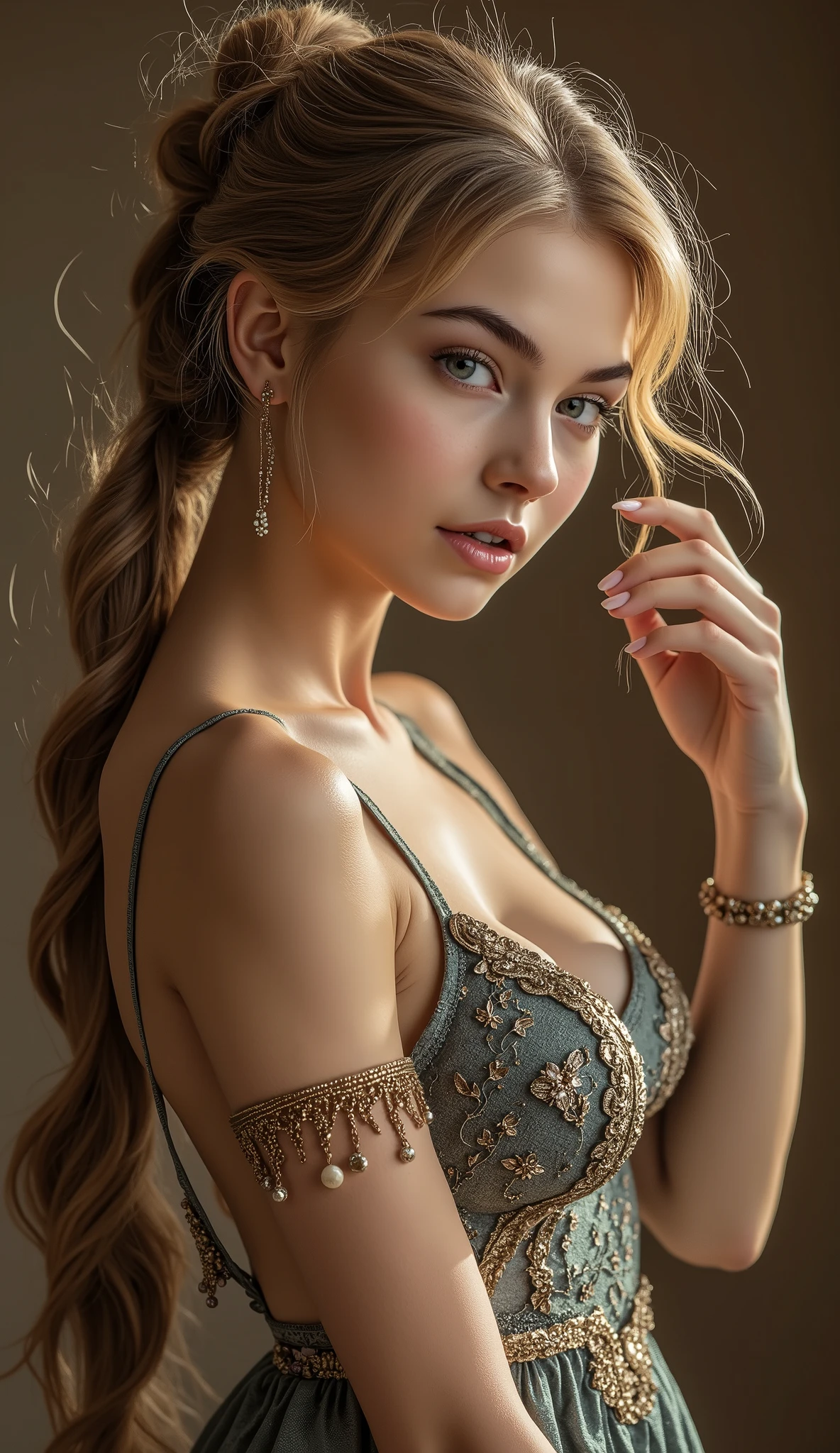  Beautiful, young sweet girl,  beautiful detailed face,  beautiful figure,  perfect body ,  full-length tail, clothes to your taste,  beautiful manicure,  European appearance,  movie, realistic anatomy ,  best quality,  very detailed