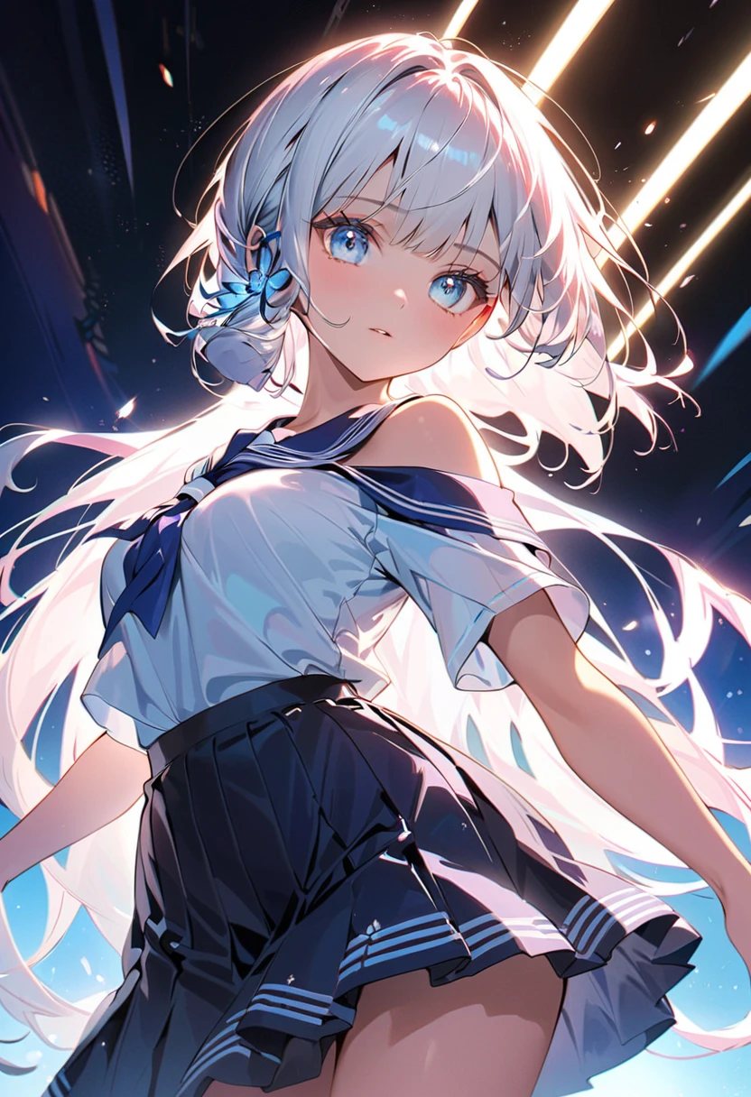 absurdres, RAW photo, extremely delicate and beautiful, masterpiece, Best Quality, ultra high resolution, 32k, hyperrealistic, ultra-detailed, ((perfect ???????)), super Detailed skin, perfect figure, Very detailed CG 8k wallpaper, in her 20s, very small head, very small face, delicate facial features, tearful mole, earring, very huge round breasts, full body shot, shorter middle hair, wavy hair, ((school uniform)), bedroom,