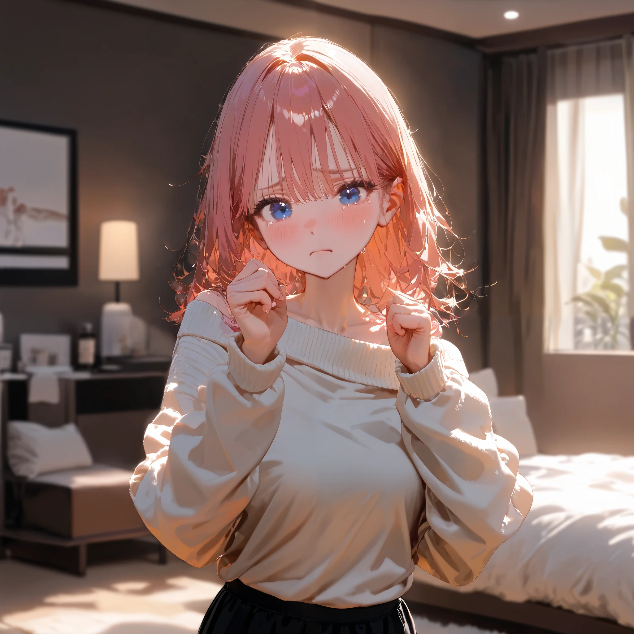 1girl, Solo, r Female, High Resolution, Looking at viewer, Breasts, Blush, High Resolution, Masterpiece, Anatomically Correct, Best Quality, High Details, HD, Soft Lighting, Textured Skin, Cry Pose, Sad, Pouting, Cute, Soft Lighting, Blurred Background, Cowboy Shot, Bedroom Background, Pink Hair, Messy Hair, Blue Eyes, 

-

off-shoulder sweater, white sweater, black short skirt, oversized sweater.