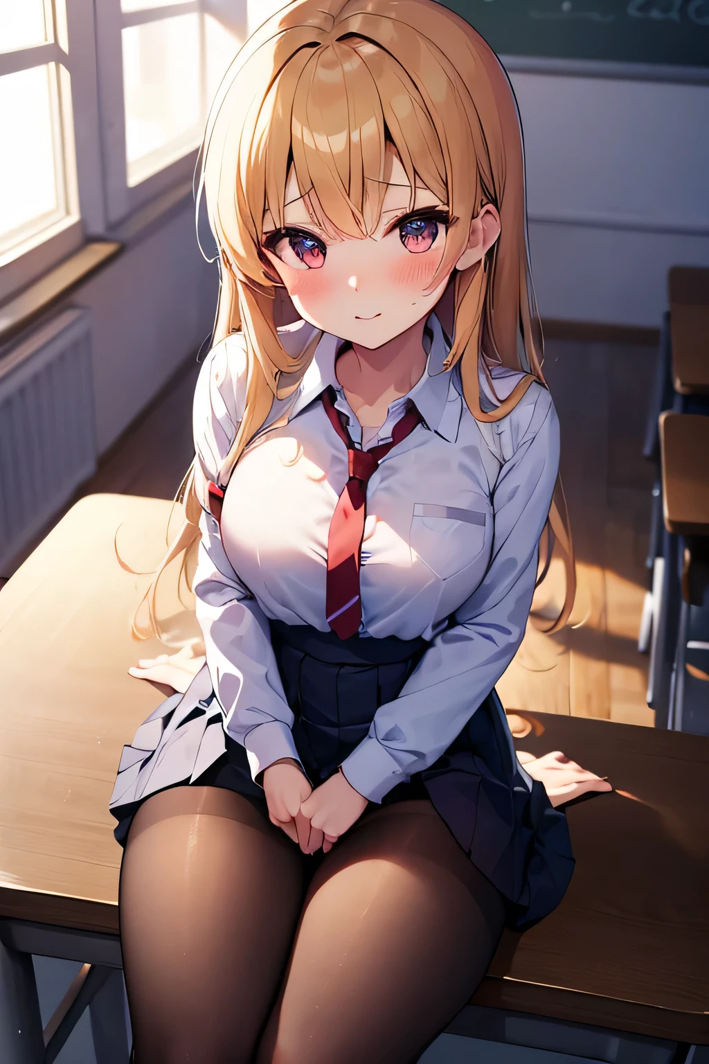 chica, sitting on a chair , crossing the legs, school background, school background(classroom), complete anatomy, school uniform, tie, shirt, skirt, pantyhose, blush, primera persona, Charm, underwear, great body, very detailed face , 8K, light and shadow effect. masterpiece, the best quality, fullbody, Chibi, , (change:1.2), Nendoroide, PVC models