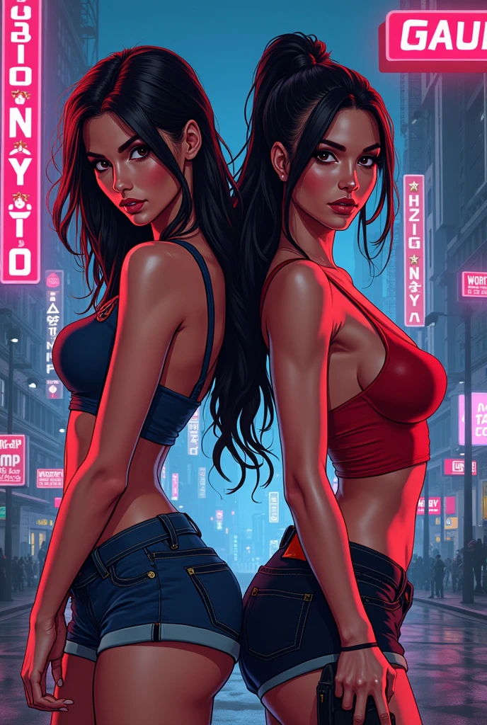 ((Accessories)) ((detailded)) ((well done art)) ((cabelo da Betty Boop)) ((white skin color)) ((two women))woman with short black hair and bright blue eyes, an intimidating gaze, a short black dress, a large bust, dressed in the gyaru Style, / The second woman has dark hair, right eye red and left eye white,(( Second tall woman))