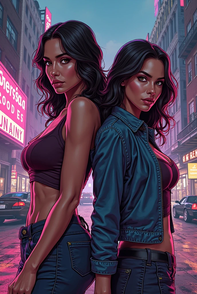 two beautiful female russian mobster, sunrise, russian suburban, in the style of vintage comic style, cartoon realism, curves, vibrant illustrations, cuberpunk