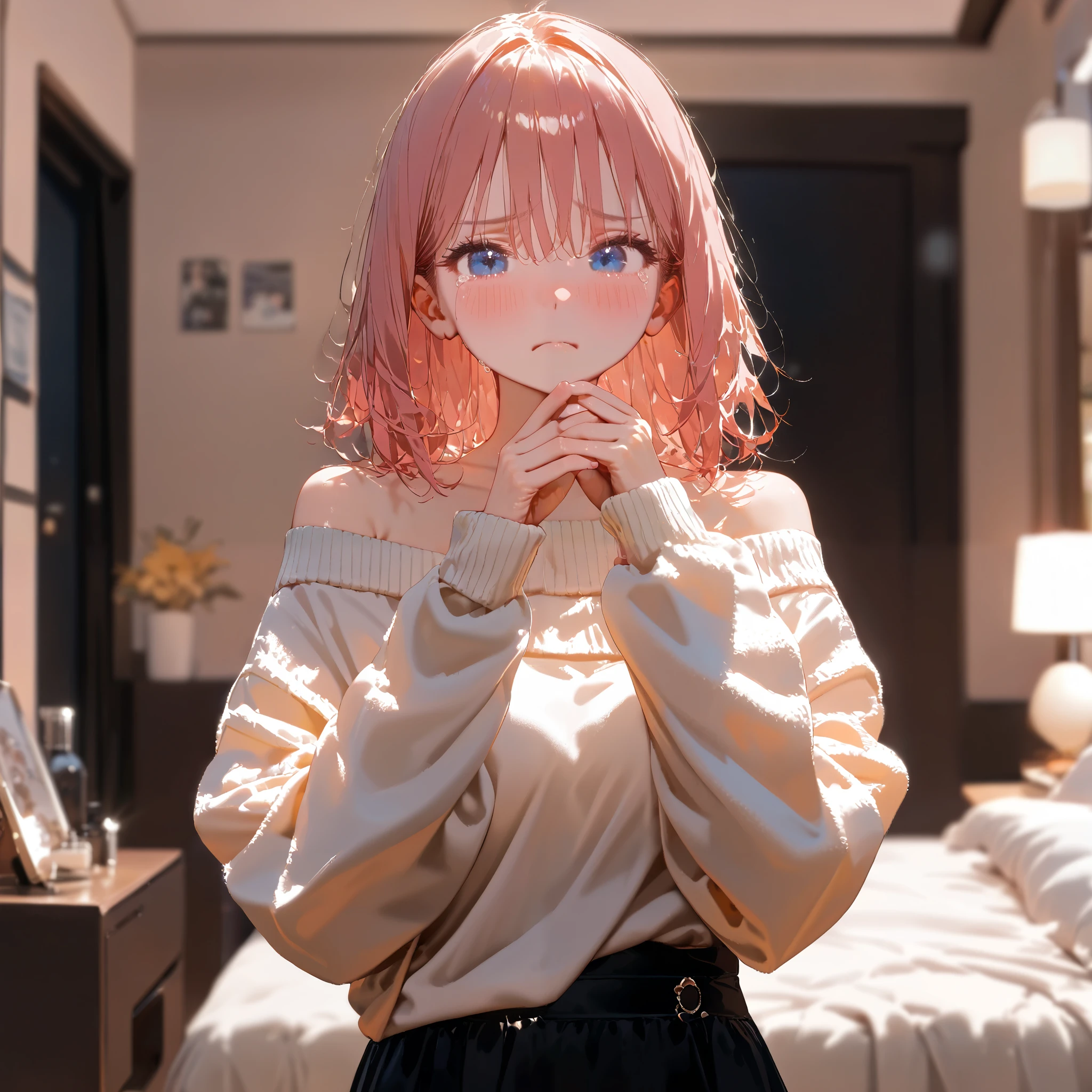 1girl, Solo, r Female, High Resolution, Looking at viewer, Breasts, Blush, High Resolution, Masterpiece, Anatomically Correct, Best Quality, High Details, HD, Soft Lighting, Textured Skin, Cry Pose, Sad, Pouting, Cute, Soft Lighting, Blurred Background, Cowboy Shot, Bedroom Background, Pink Hair, Messy Hair, Blue Eyes, 

-

off-shoulder sweater, white sweater, black short skirt, oversized sweater.