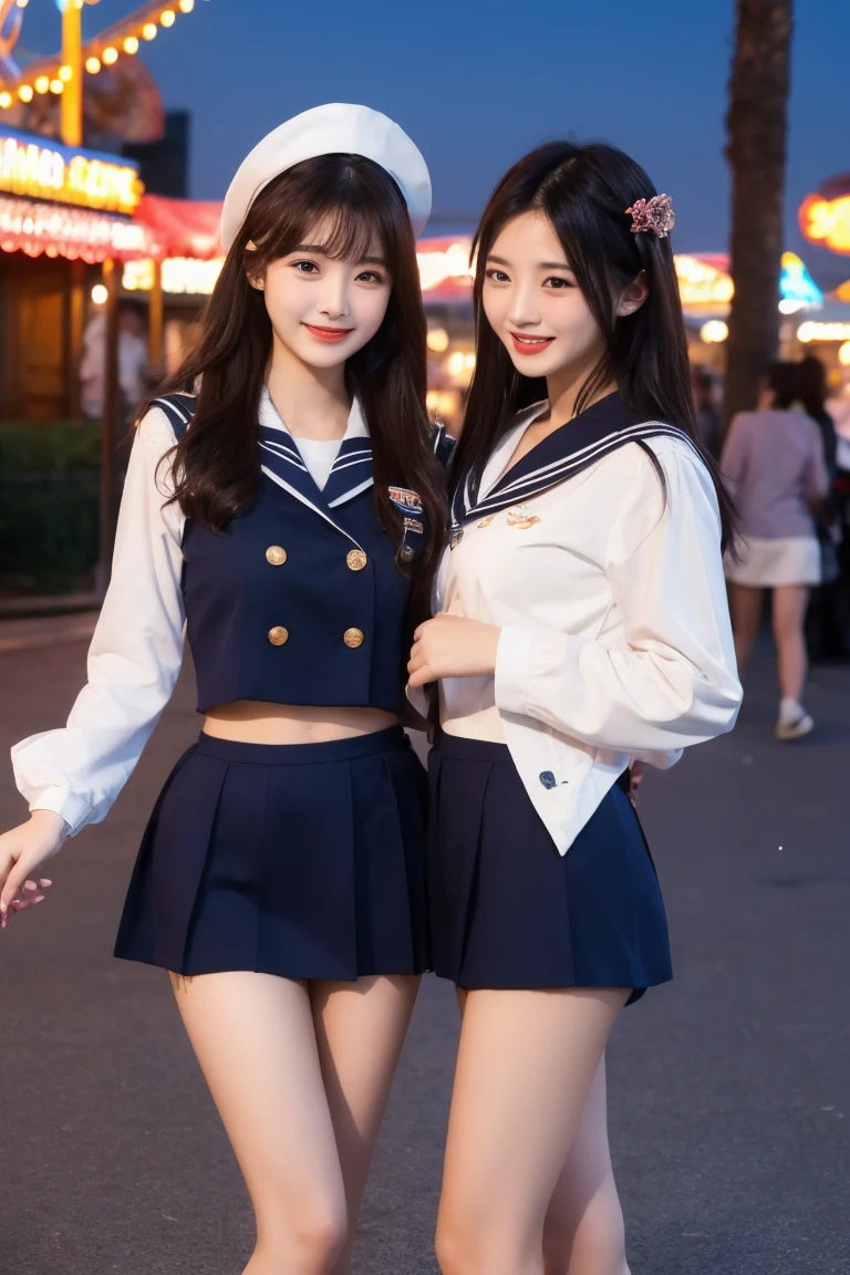(8k, best quality, masterpiece: 1.2), (realistic, realistic, photorealistic: 1.37), 2 girls, hyper detail, beautiful detail eyes, beautiful detail nose, (((2girls))), twin girls, sailor suit, pleated short skirt, full body photo, shoes, Disney park, carousel, big windmill, upright, smile