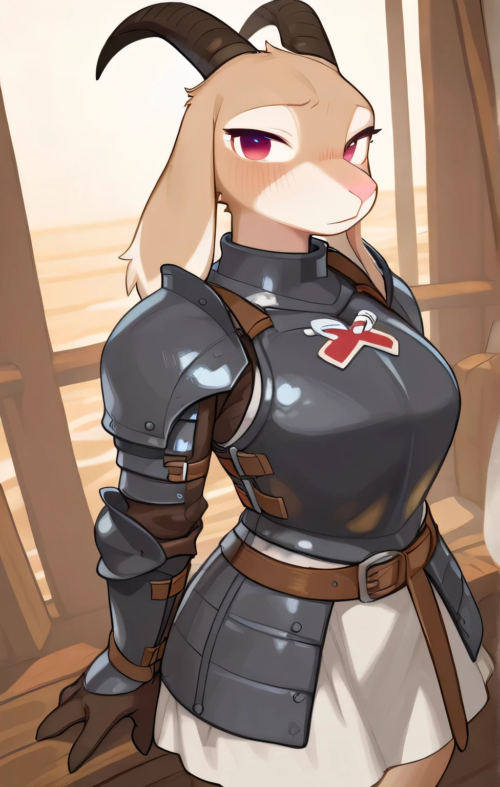 in, top quality with beautiful eyes, masterpiece、 anime、female furry、 Viking、Heavy armor、 on the ship、white goat