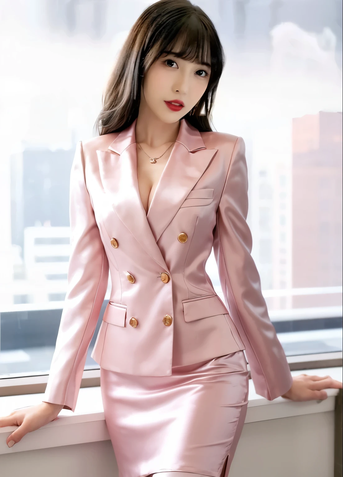 masterpiece、Highest quality、High resolution、Realistic、Beautiful Skin、Slender Style、Slim style、Small breasts、Full Body Shot、formal,pink、 satin silk suit、Double breasted blazer、Satin silk tight skirt、 (Detailed clothing features)、