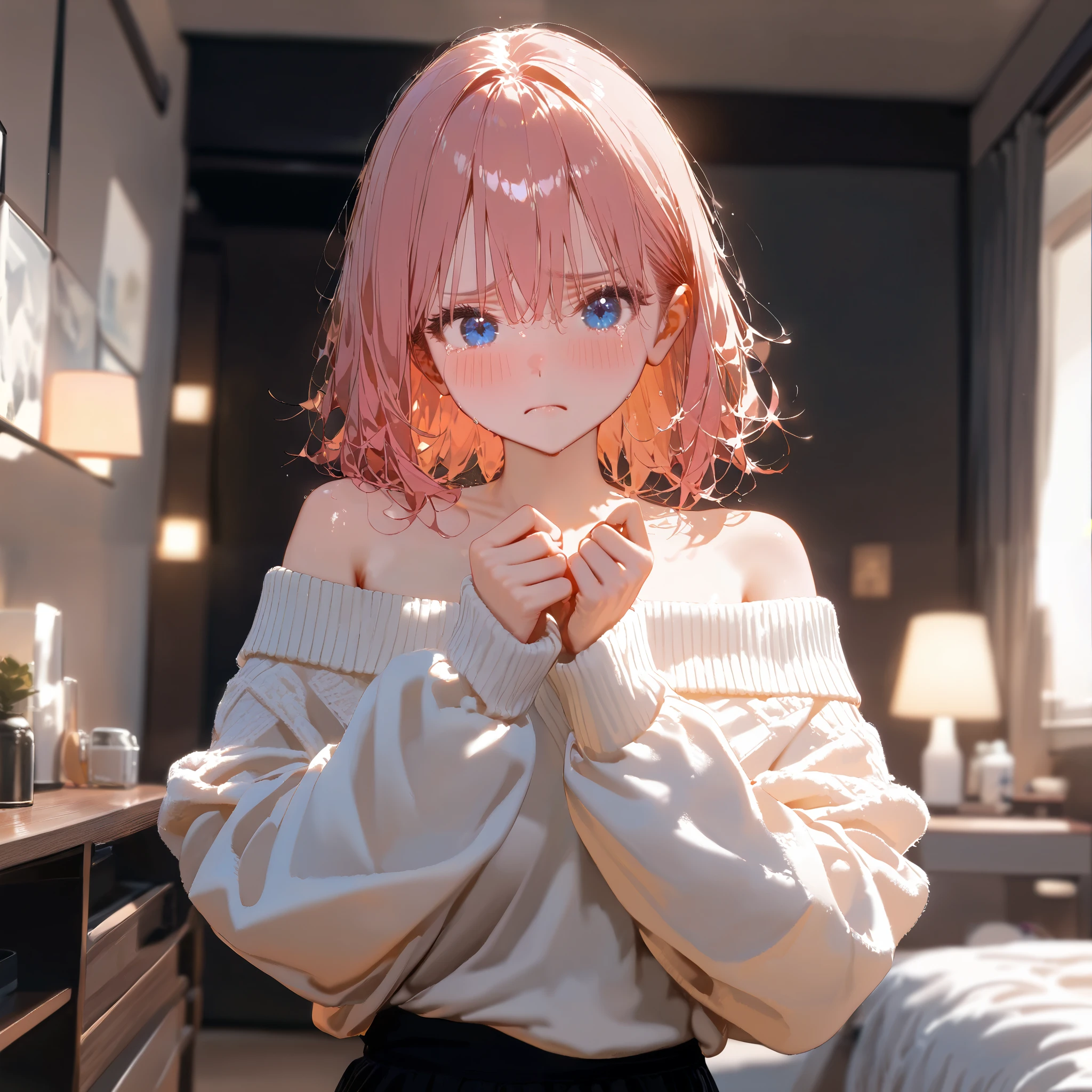 1girl, Solo, r Female, High Resolution, Looking at viewer, Breasts, Blush, High Resolution, Masterpiece, Anatomically Correct, Best Quality, High Details, HD, Soft Lighting, Textured Skin, Cry Pose, Sad, Pouting, Cute, Soft Lighting, Blurred Background, Cowboy Shot, Bedroom Background, Day Night, Pink Hair, Messy Hair, Blue Eyes,
-
off-shoulder sweater, white sweater, black short skirt, oversized sweater.