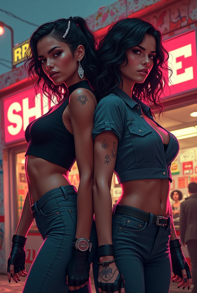 ((hq)), ((comic style)), sequential framing, impact frame, (same photo), (( anthropomorphic bear, male waist, open leather jacket, ripped jeans, tatoo:!. 2)), (furious look), torn jacket, robotic chin, ((female anthropomorphic tiger, thin citure, running, mini-top, jeans:1.2 )), (second frame), high-impact image, in a crowded bar, (hq), two scenes, one page