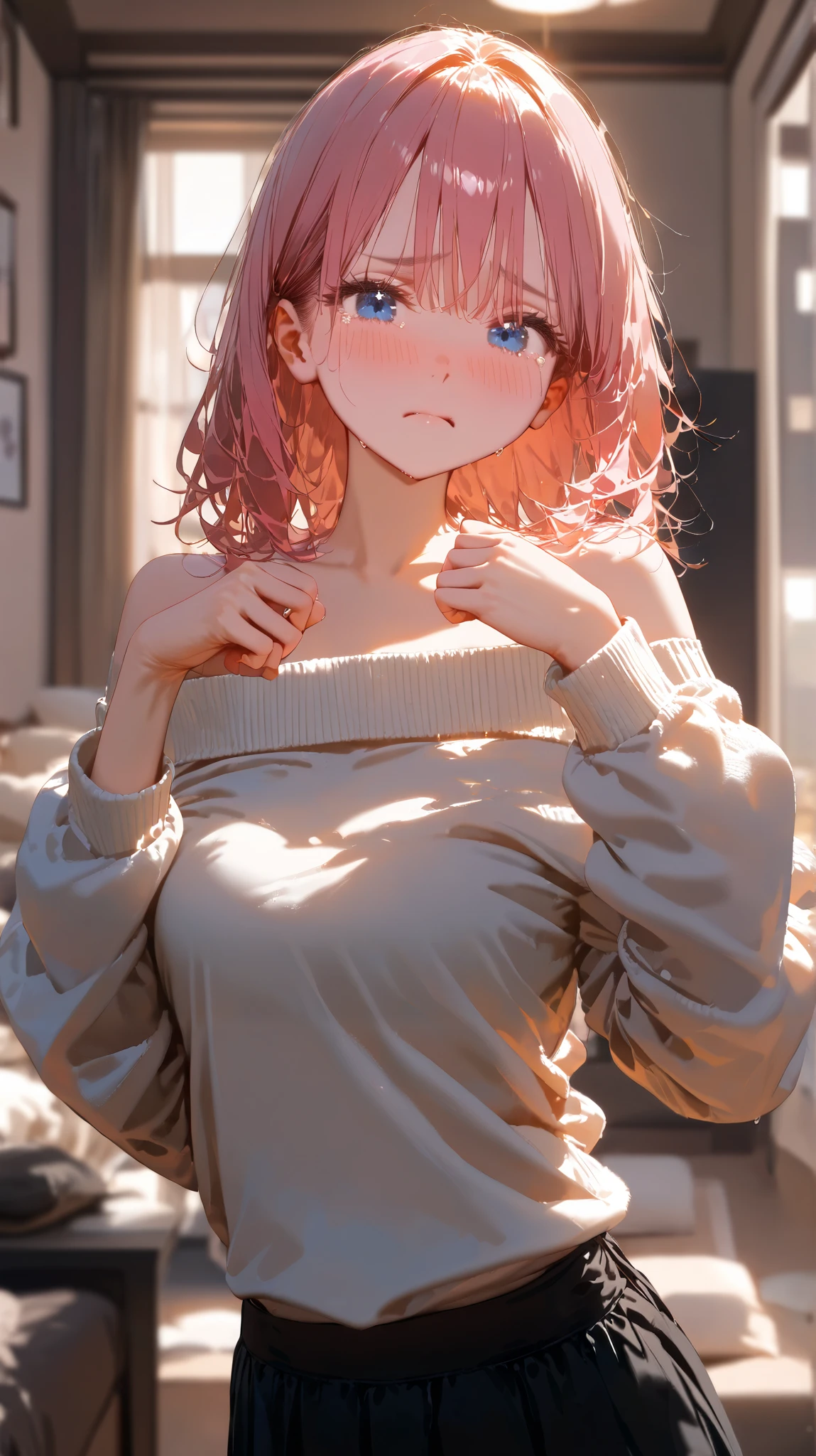 1girl, Solo, r Female, High Resolution, Looking at viewer, Breasts, Blush, High Resolution, Masterpiece, Anatomically Correct, Best Quality, High Details, HD, Soft Lighting, Textured Skin, Cry Pose, Sad, Pouting, Cute, Soft Lighting, Blurred Background, Cowboy Shot, Bedroom Background, Day Night, Pink Hair, Messy Hair, Blue Eyes, 

-

off-shoulder sweater, white sweater, black short skirt, oversized sweater.