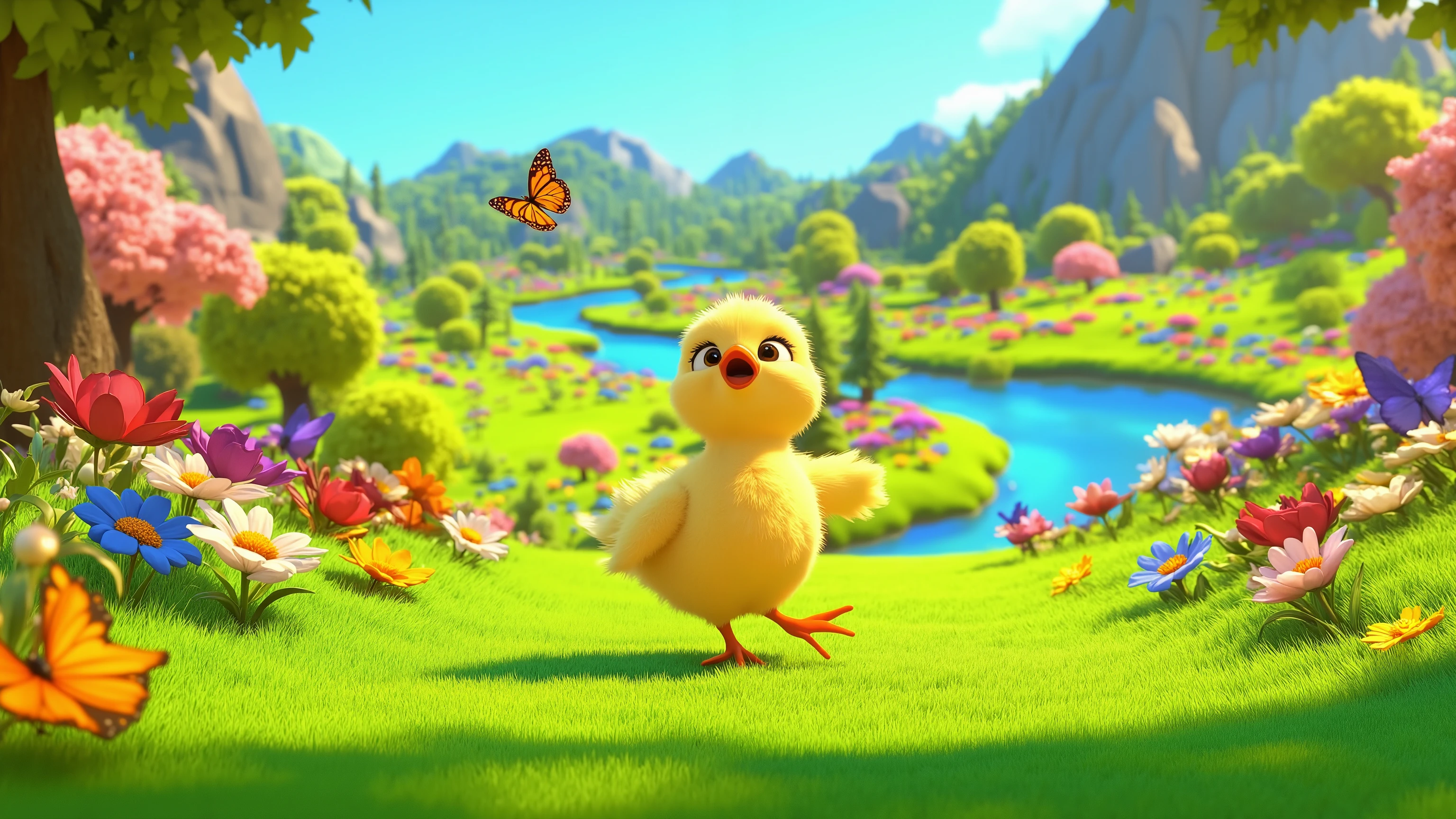A 3D rendering of a single chick joyfully wandering across a magical countryside, filled with blooming flowers, sparkling rivers, and golden sunlight. The soft grass sways gently, and butterflies dance in the warm breeze, making the scene feel enchanting and peaceful