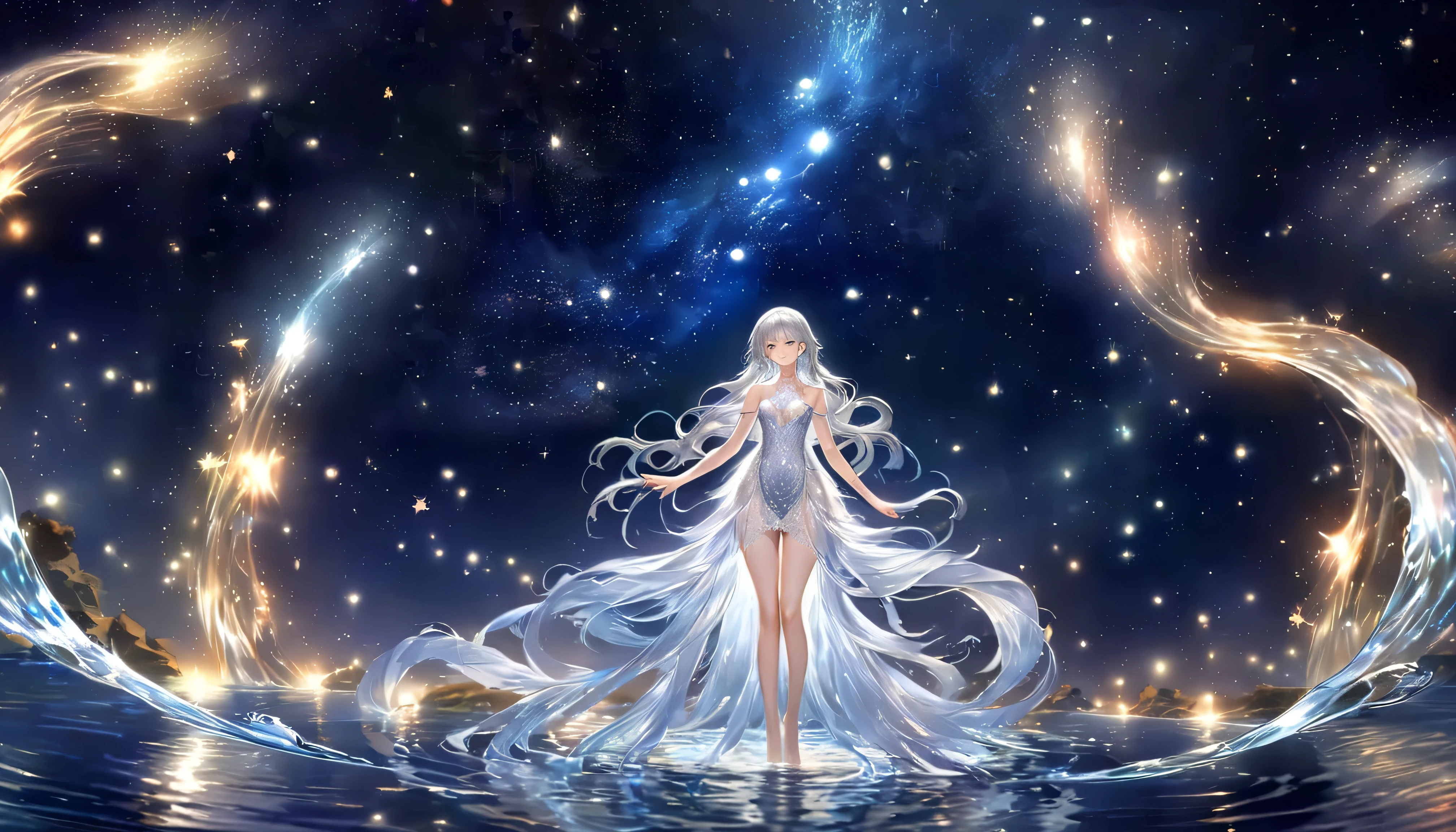  The background is a stream of water from a large river sparkling and flowing out with fantastic effects,In deep blue and black outer space ,Constellations and shining stars 々 shines brightly , creates a fantastic and magnificent atmosphere , A fantastic and romantic atmosphere, Stargazhiku Night Sky, beautiful anime-style female character , a beautiful girl with long silvery hair , a scene holding a large bottle with a finely engraved Aquarius motif , she also incorporates shiny metal and reflective effects , wears a gorgeous dress with lace and delicate embroidery , her hair wavy lightly like a stream of water, Legs grow slender and long , Masterpiece, best quality, Insanely Detailed , ((whole body:1.3)),(  from the front ), ( 1 girl), ( standing), ( silver hair:1.2),((