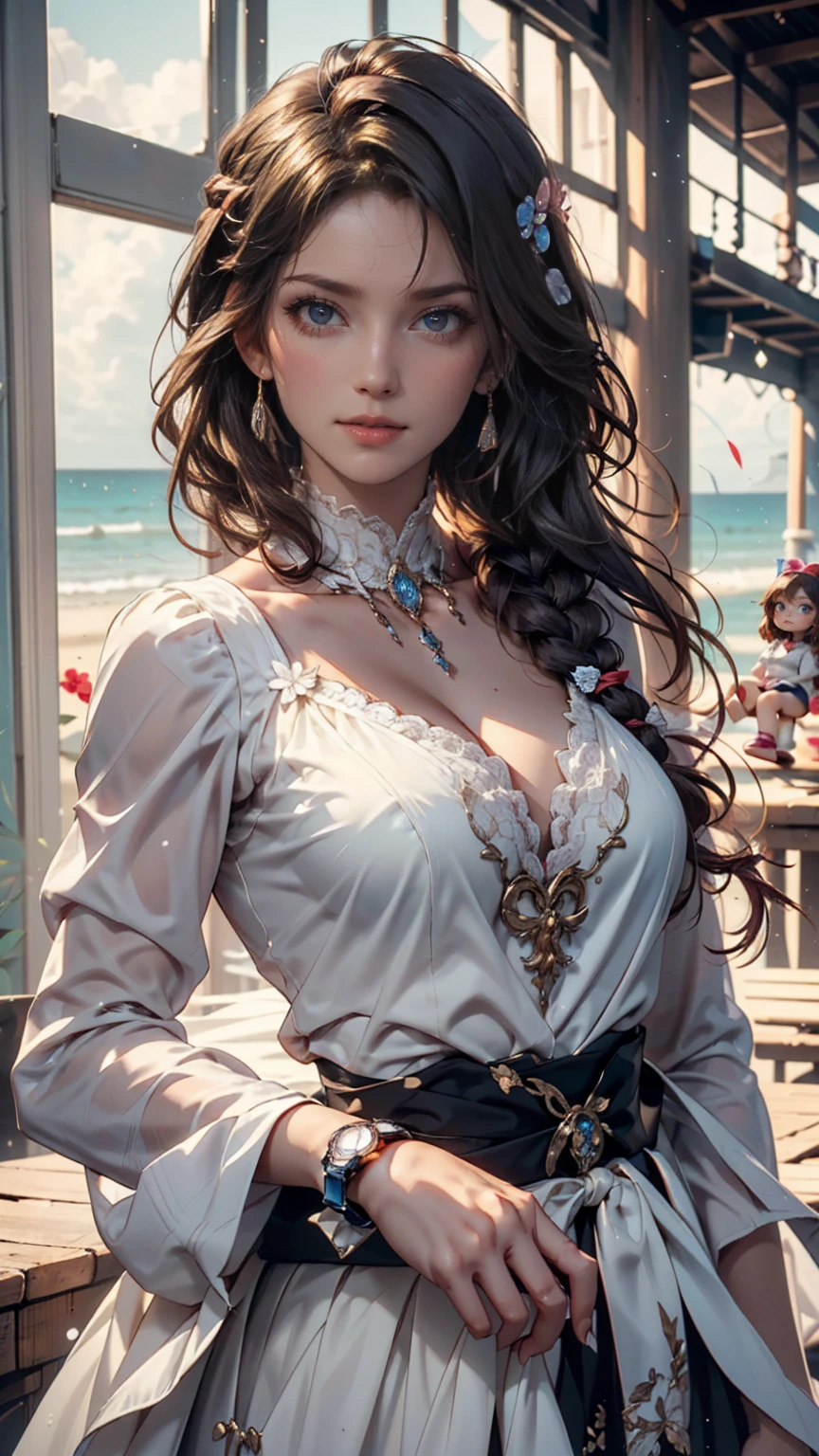 ( Absurdly , high quality , Super detailed:1.2 ) ,( Handcrafted details ) , (Highly detailed beautiful face:1.2),One girl, alone, mature, Very long hair, Sunflower Hair , Beautiful crystal eyes ( Eye details :1.2) Baroque, necklace, Long dress, Long sleeve, elegant, colorful, Most detailed, ((Upper Body )), ((Natural big breasts:1.4))