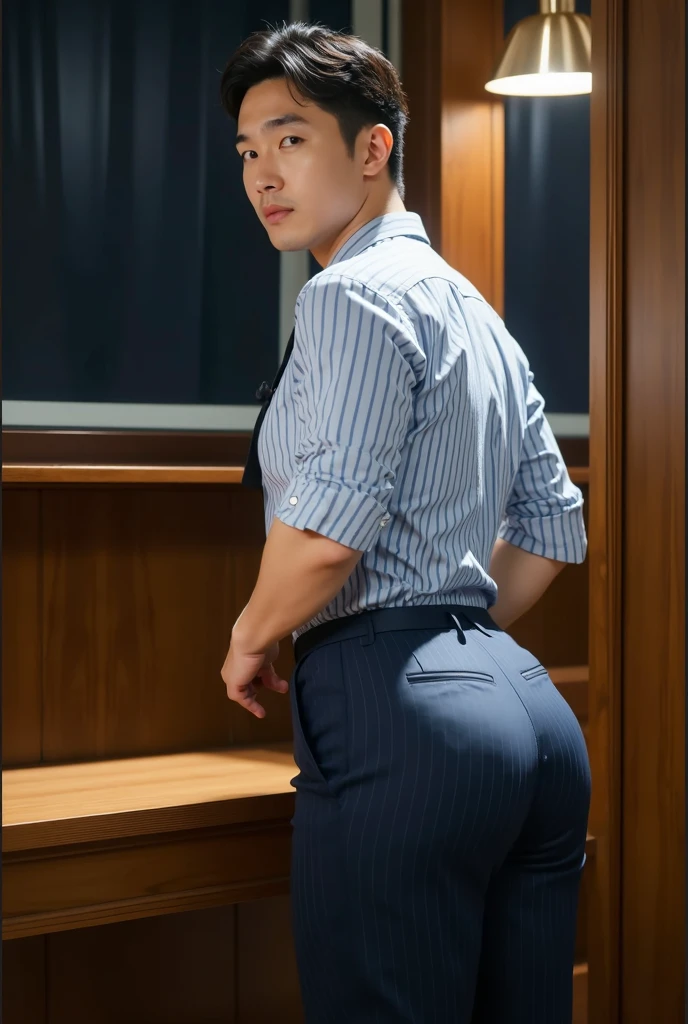 40-year-old boy ,Korean bulky male officer ,Wear navy blue police uniform shirt................ pinstripe navy blue smooth tight trouser, transparent pants obvious underwear print ,((unrealistic super big tight butt wearing pants)), legs wide open, legs on shoulder, missionary POV, men drooling 