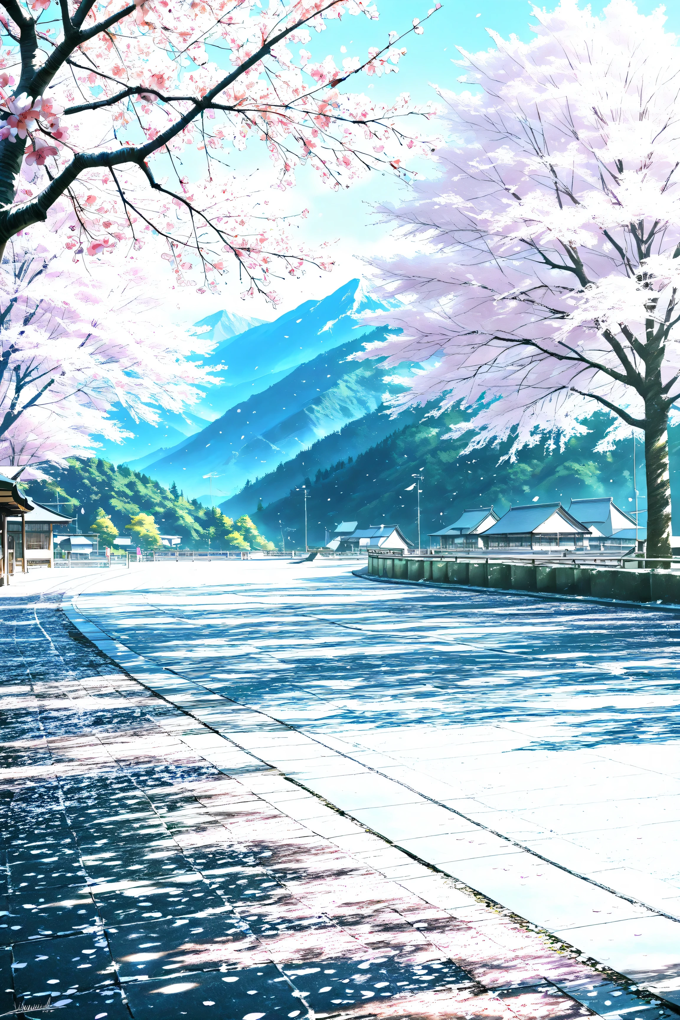 best high quality, Details, photo realistic, cherry blossoms, mountains,