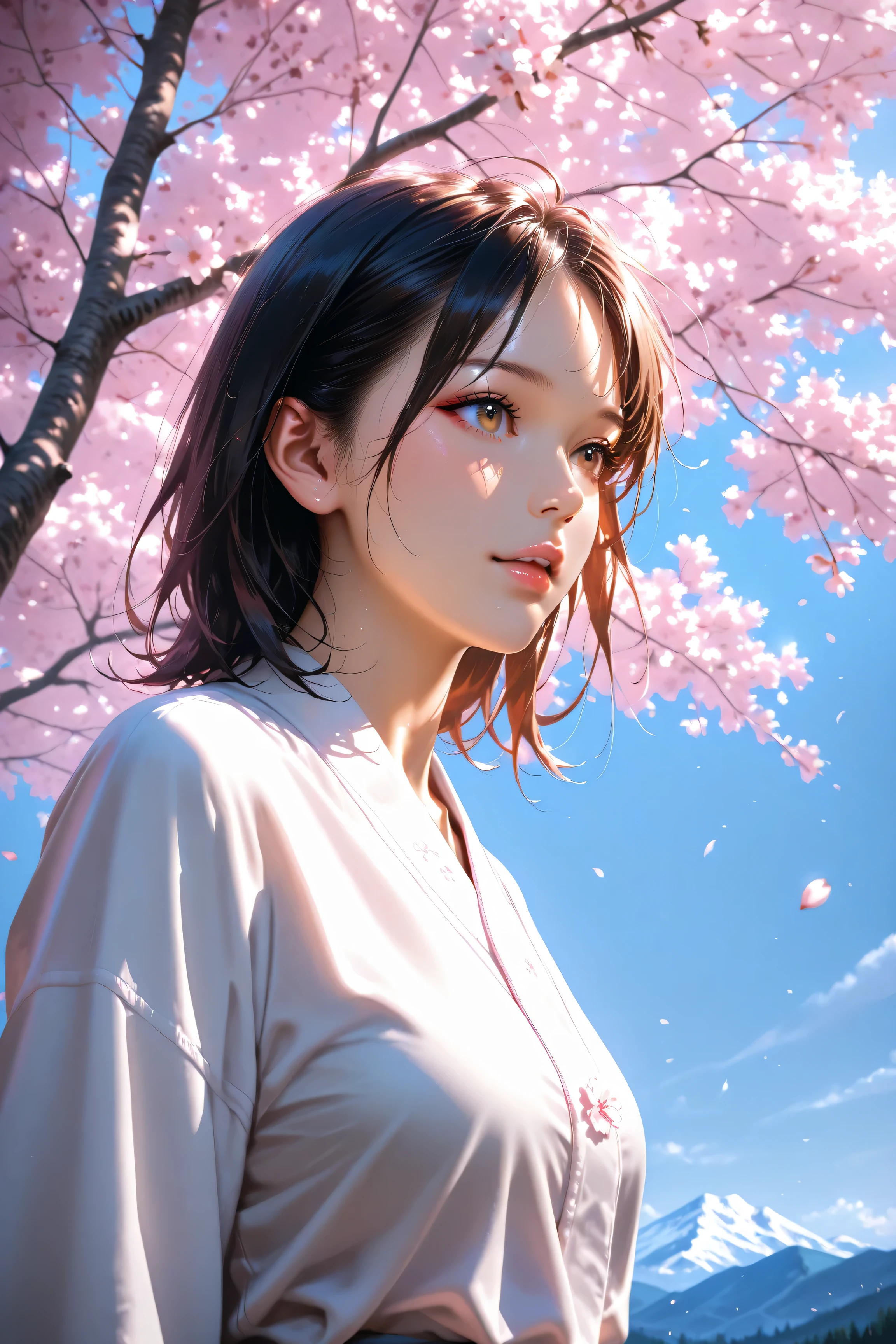 best high quality, Details, photo realistic, cherry blossoms, mountains,